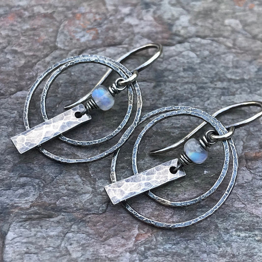Rainbow Moonstone Sterling Silver Earrings - Rainbow Moonstone Circle and Bar Earrings