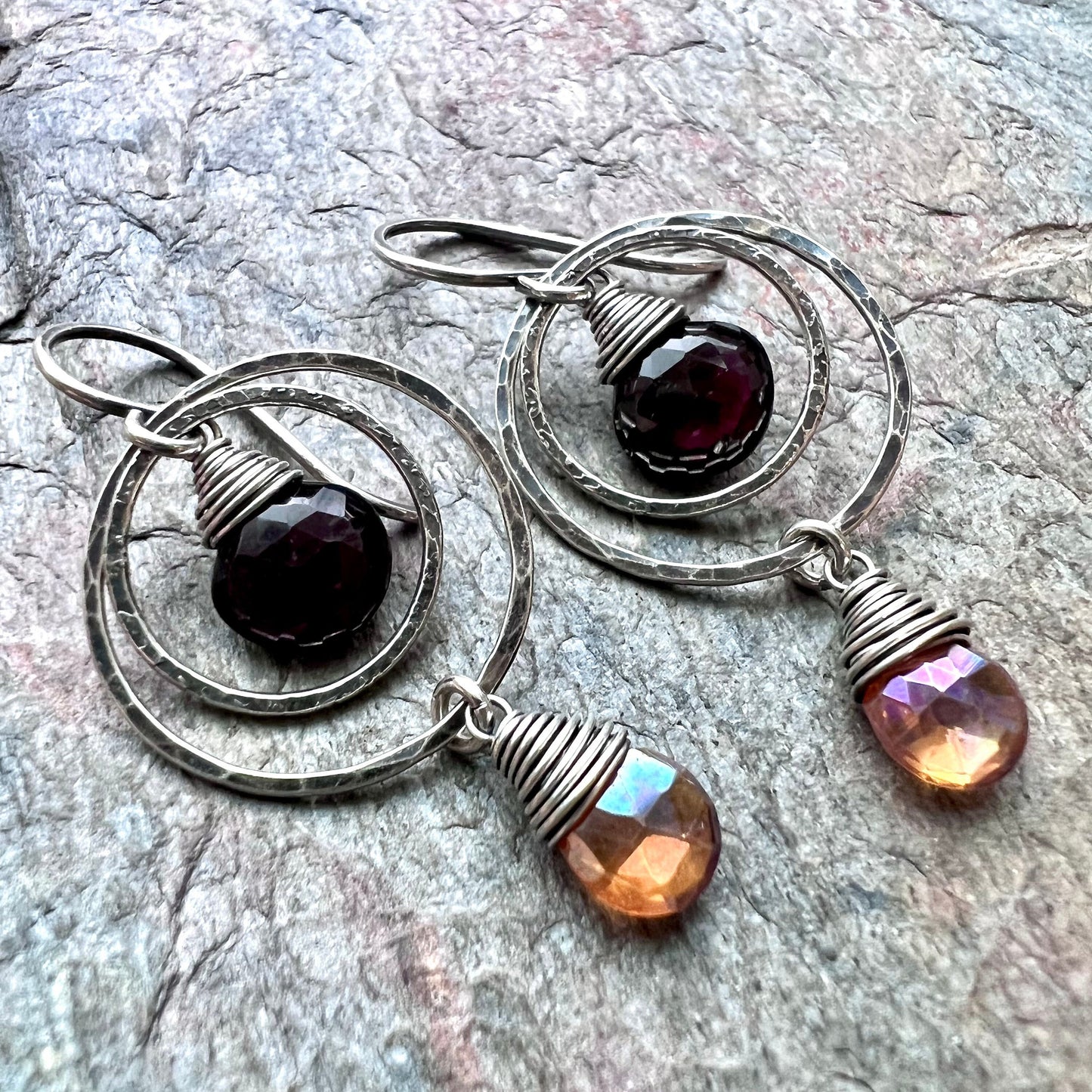 Garnet and Quartz Sterling Silver Earrings - Genuine Deep Plum Garnet and Butterscotch Quartz Earrings