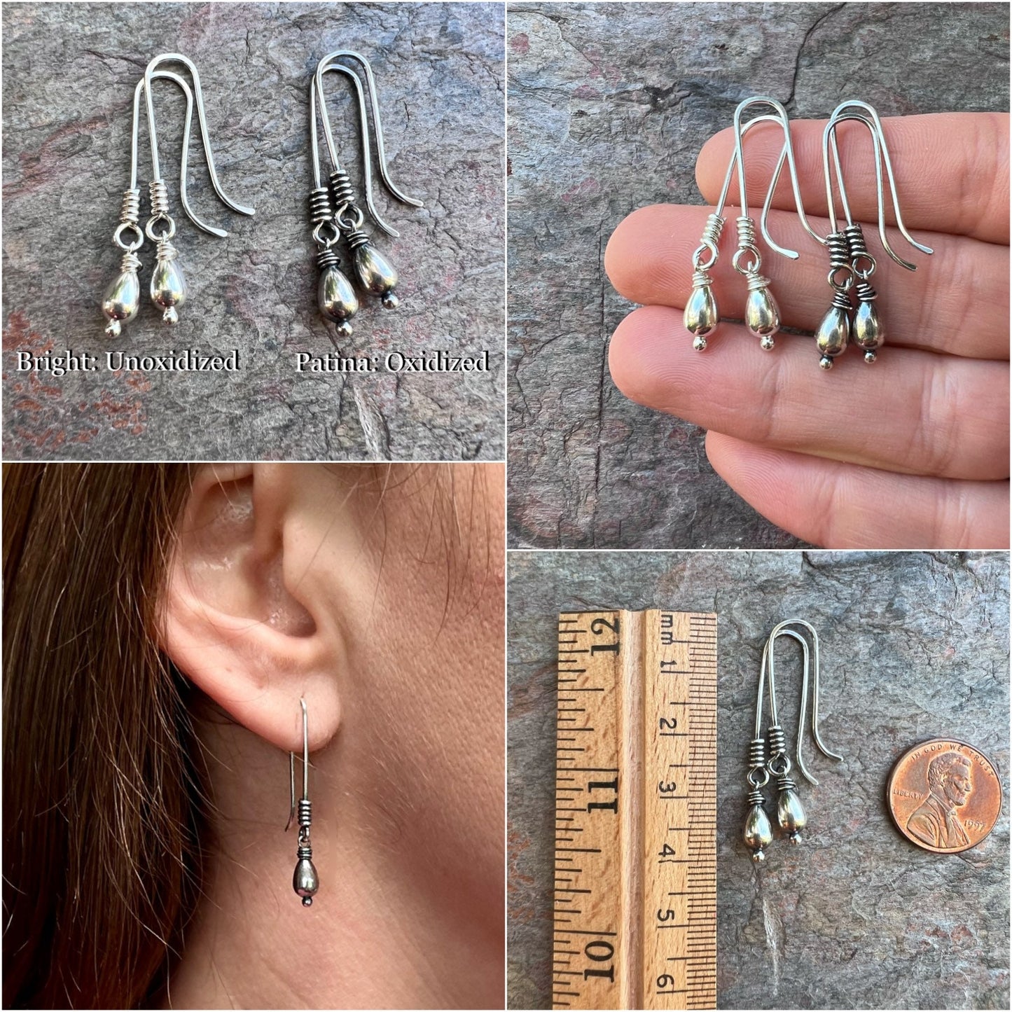 Sterling Silver Teardrop Earrings - Silver Teardrops on Handmade Elongated Earwires