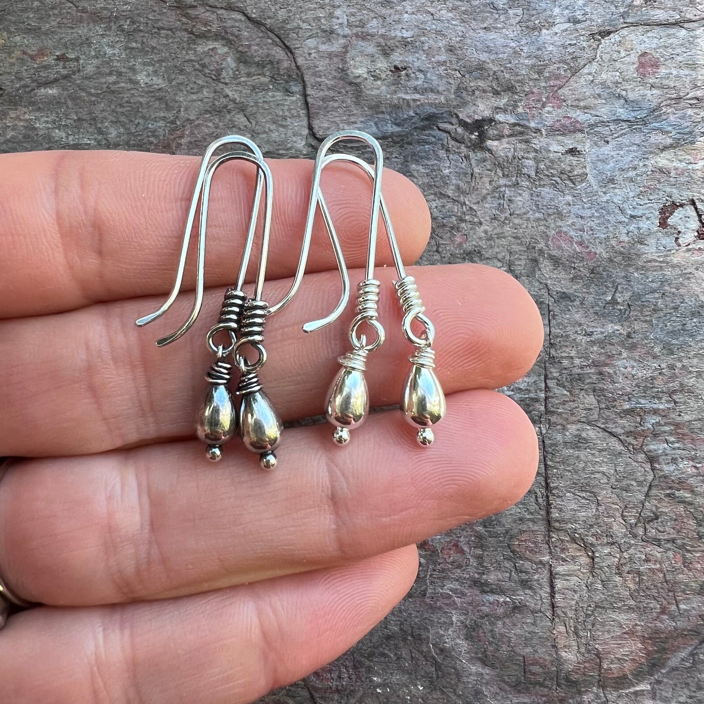 Sterling Silver Teardrop Earrings - Silver Teardrops on Handmade Elongated Earwires