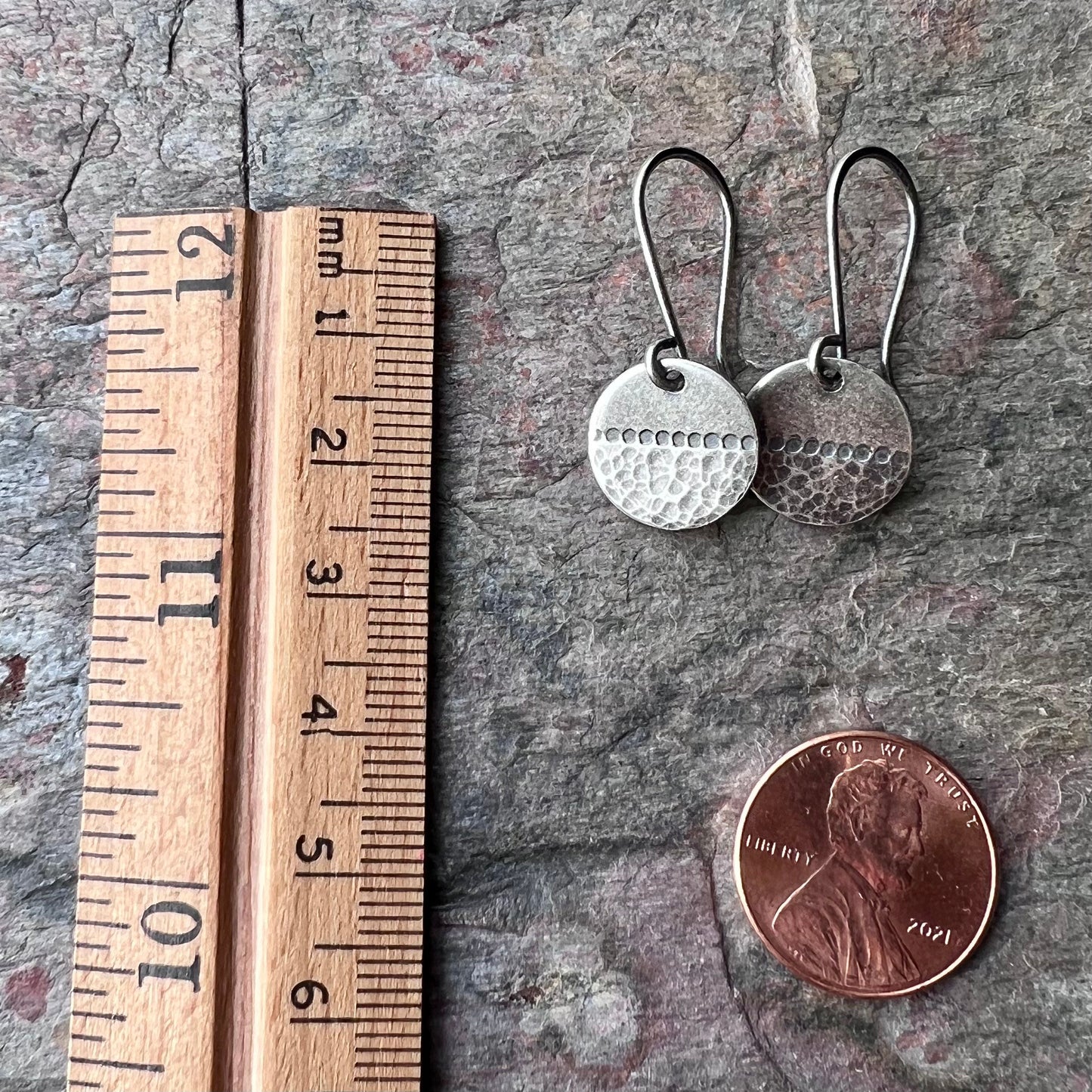 Sterling Silver Circle Earrings with Hammered and Stamped Design