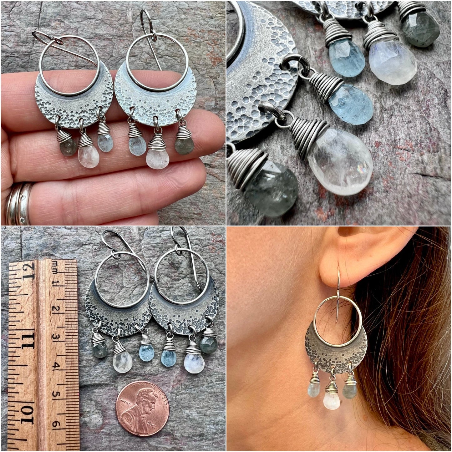 Moss Aquamarine, Moonstone, and Blue Aquamarine Sterling Silver Earrings