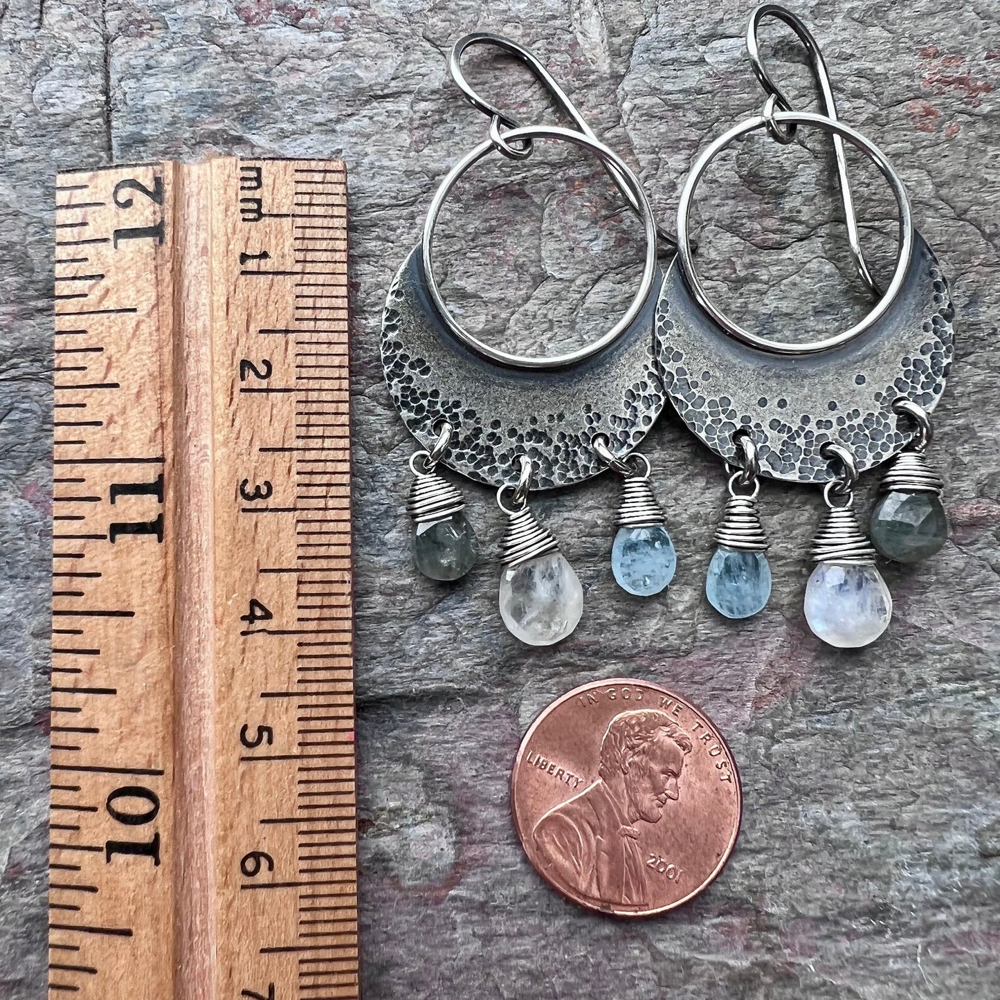 Moss Aquamarine, Moonstone, and Blue Aquamarine Sterling Silver Earrings