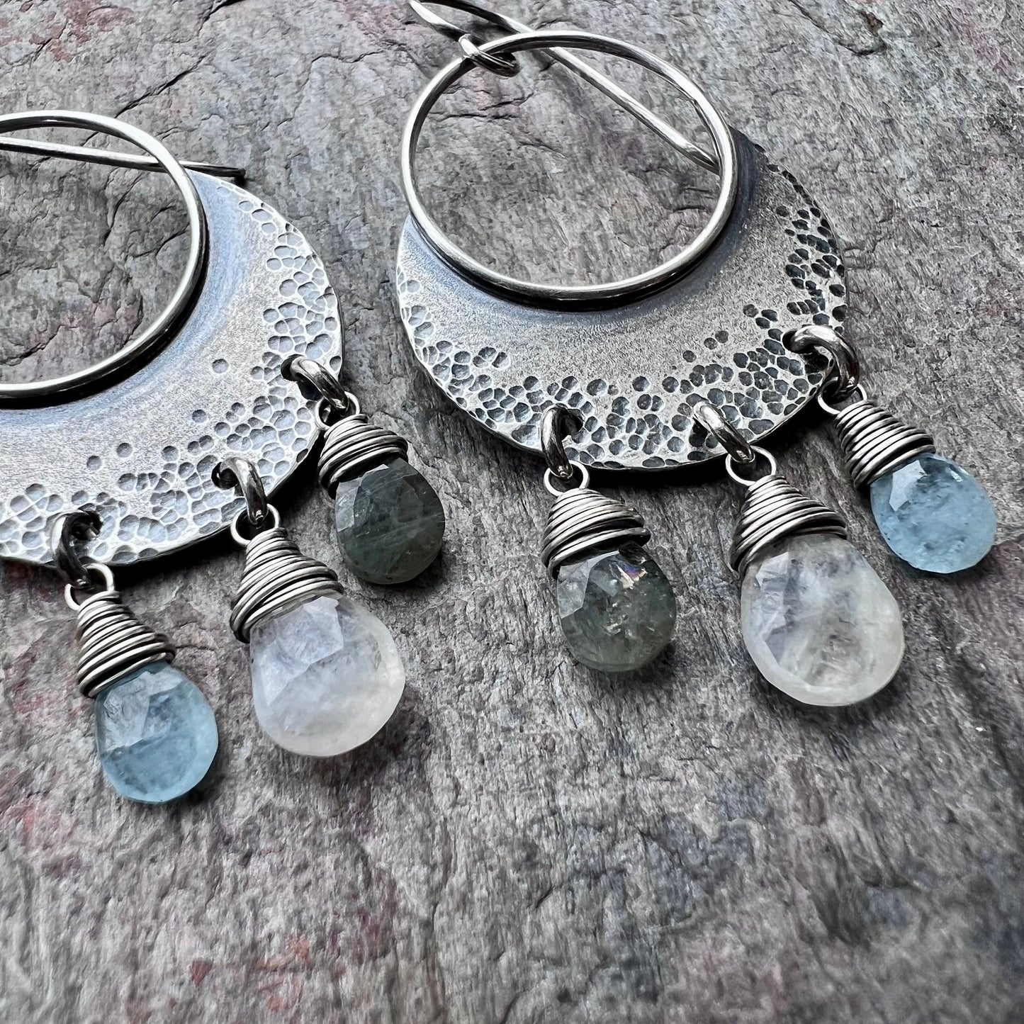 Moss Aquamarine, Moonstone, and Blue Aquamarine Sterling Silver Earrings
