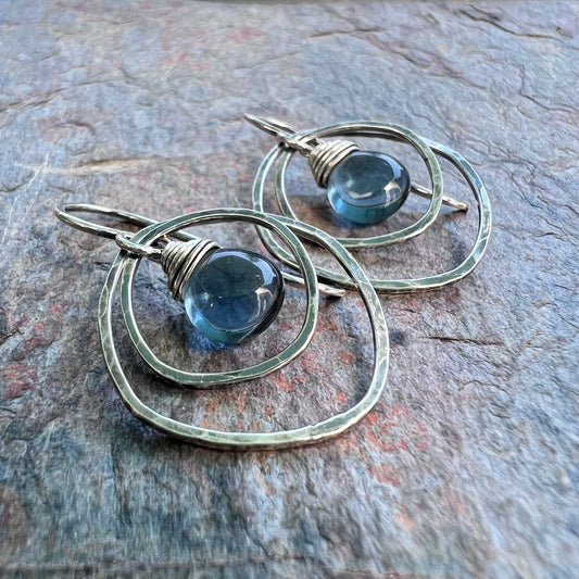 Sterling Silver Quartz Earrings - Blue Hydro Quartz in Hammered Silver