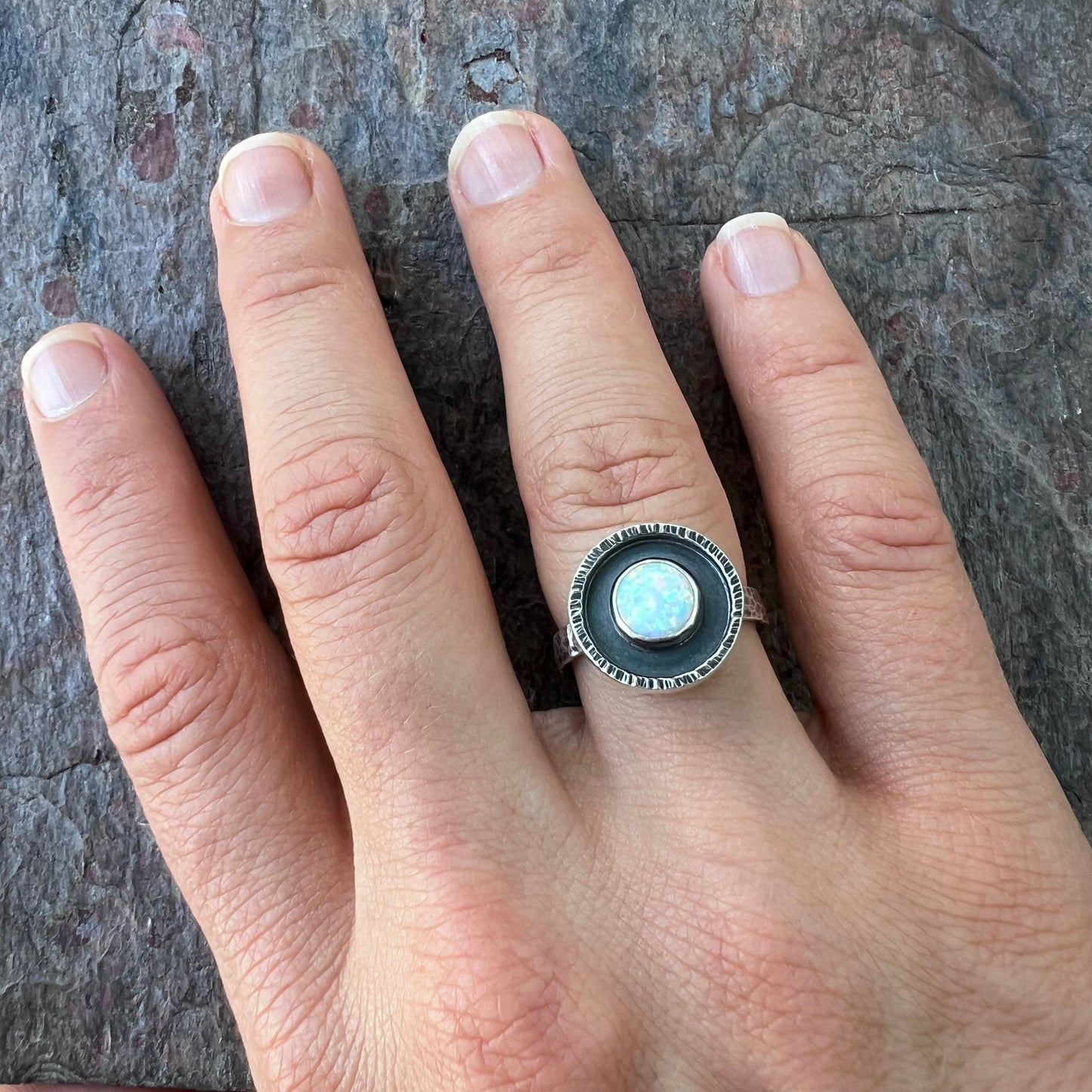 Opal Sterling Silver Ring - Handmade Simulated Opal Cabochon Sterling Silver Ring - Size 8