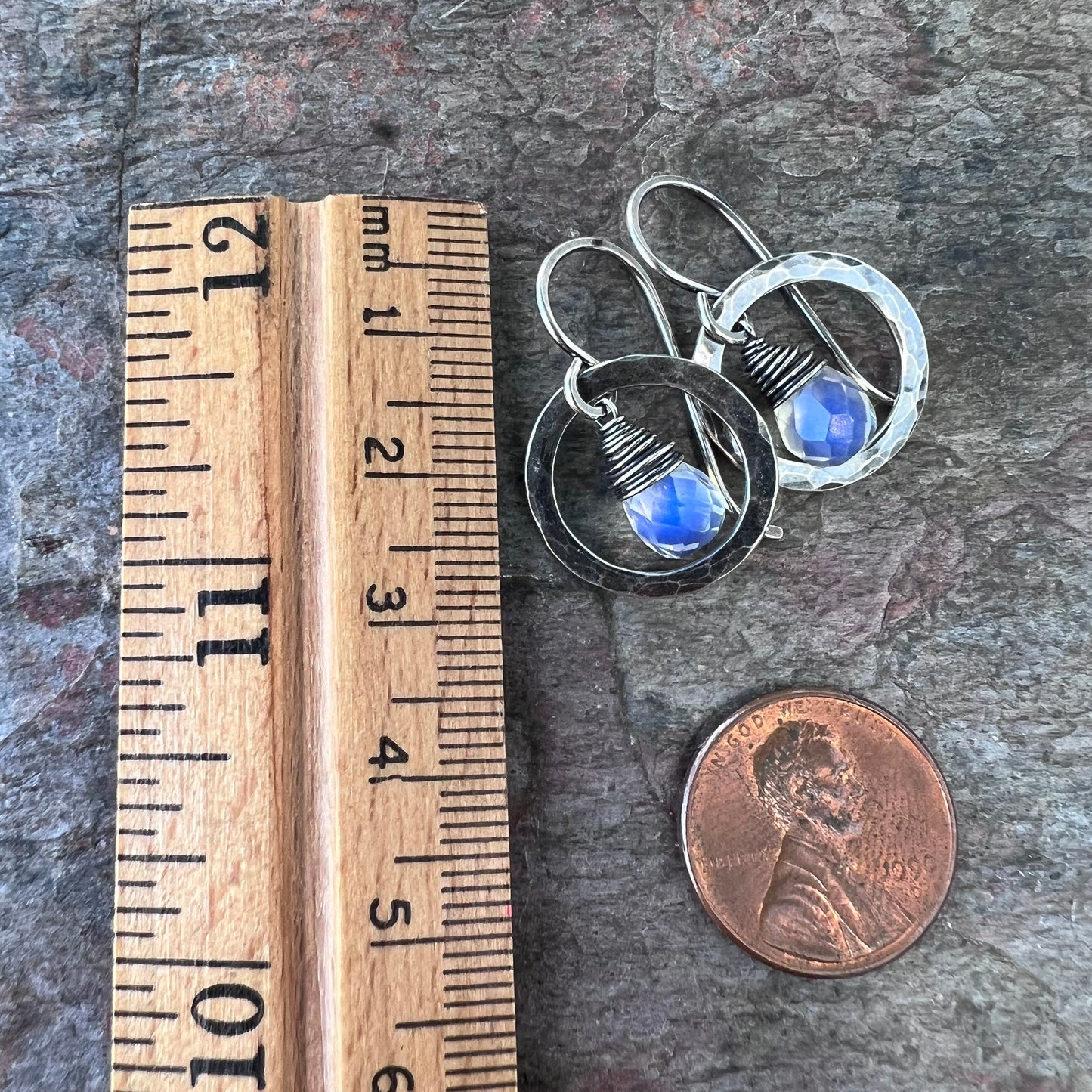 Opalite Sterling Silver Earrings - Faceted Opalite Teardrops in Handmade Hammered Silver