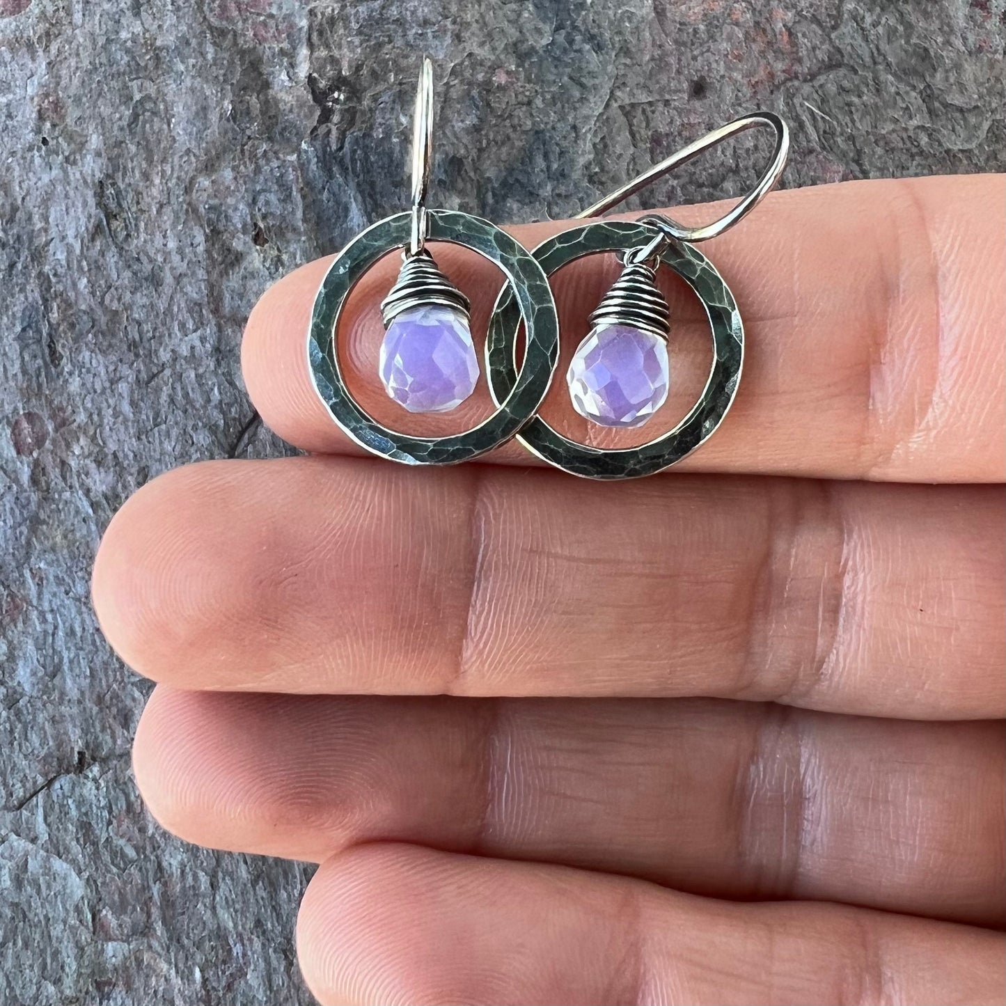 Opalite Sterling Silver Earrings - Faceted Opalite Teardrops in Handmade Hammered Silver