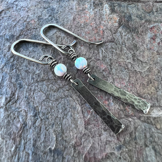 Sterling Silver Opal Earrings - Simulated Opal and Hammered Bar Dangle Earrings