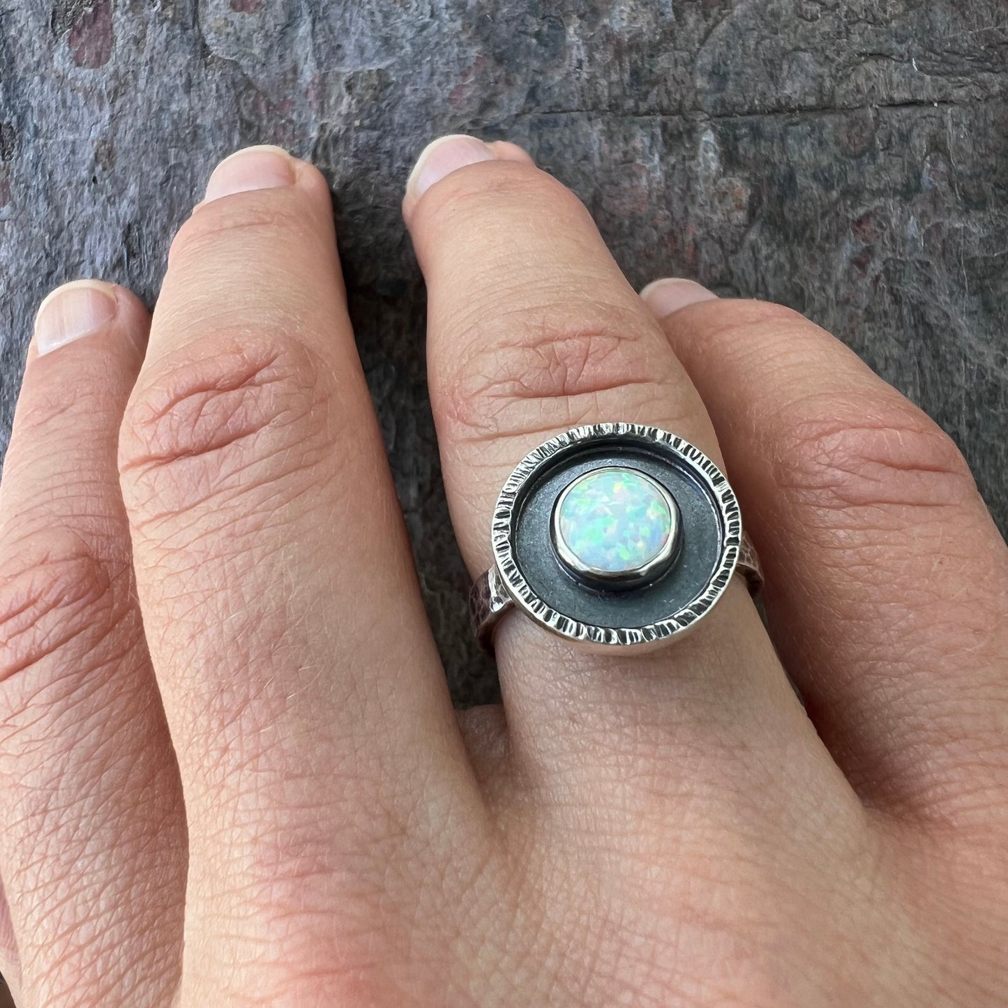 Opal Sterling Silver Ring - Handmade Simulated Opal Cabochon Sterling Silver Ring - Size 8