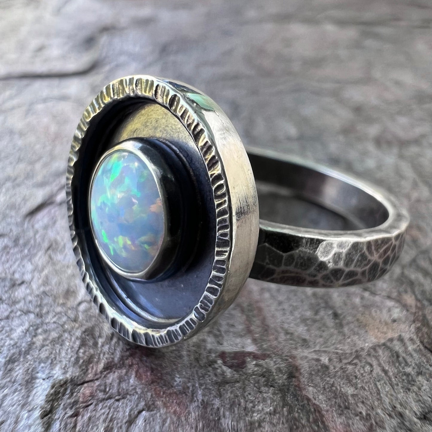 Opal Sterling Silver Ring - Handmade Simulated Opal Cabochon Sterling Silver Ring - Size 8