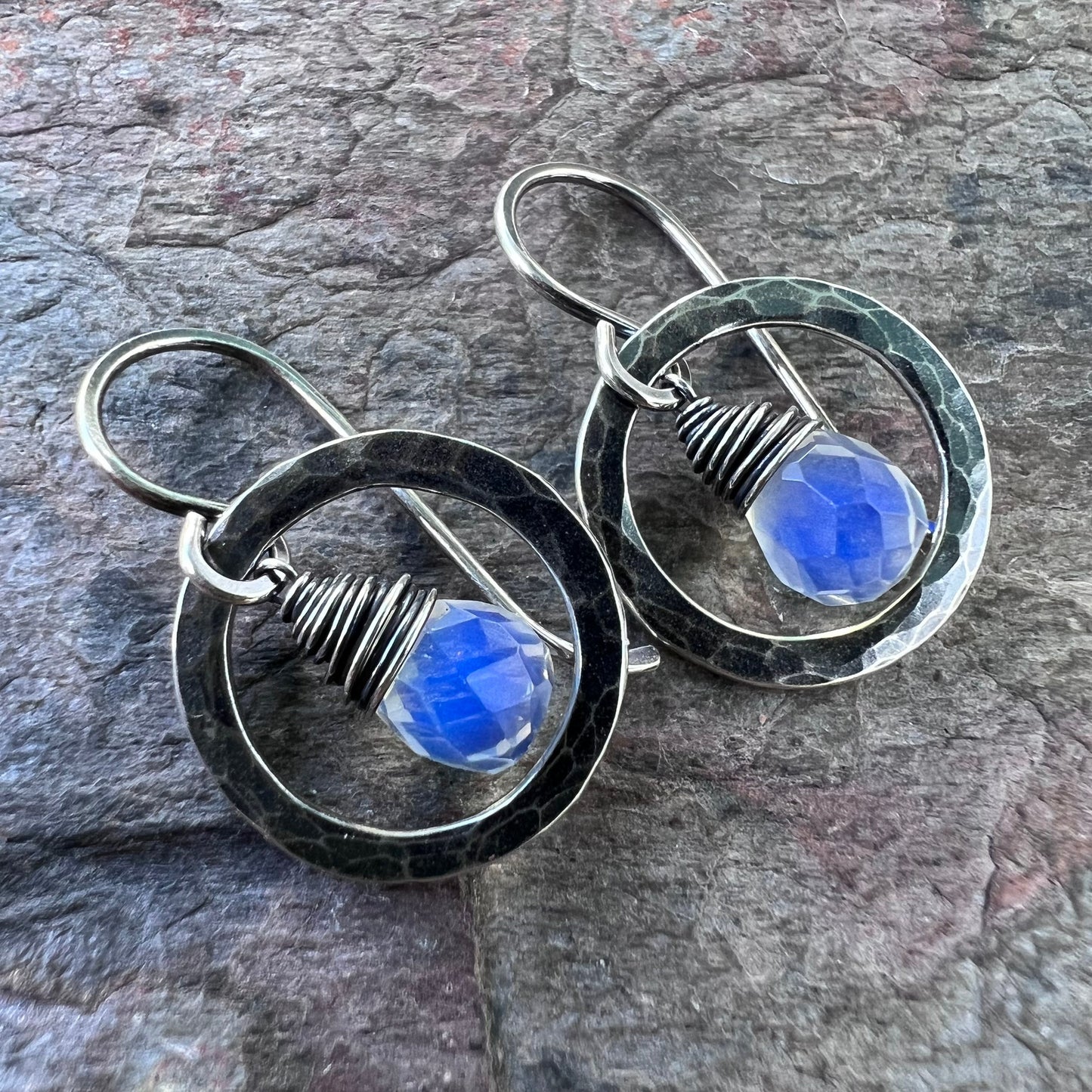 Opalite Sterling Silver Earrings - Faceted Opalite Teardrops in Handmade Hammered Silver