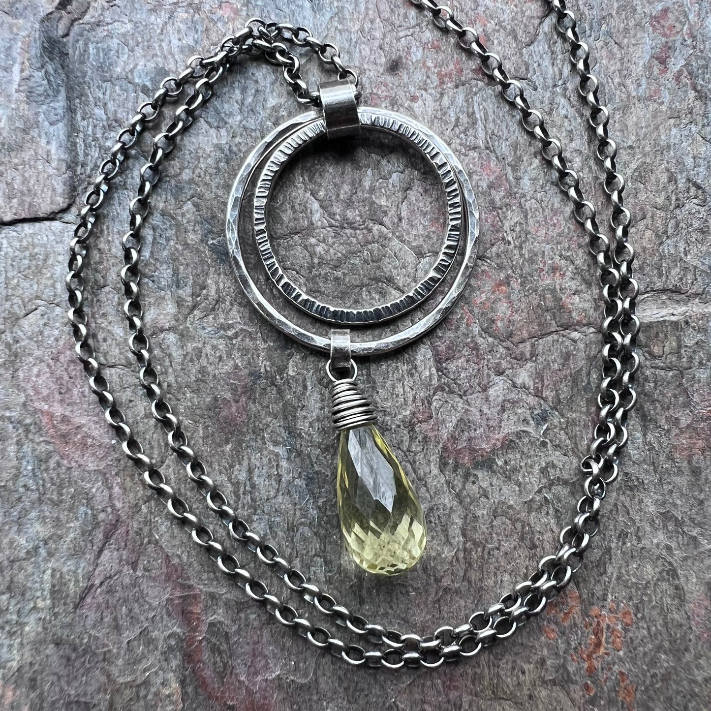 Sterling Silver Lemon Topaz Necklace - Genuine Lemon Topaz and Hammered Rings Pendant on Sterling Silver Chain - Handmade Jewelry