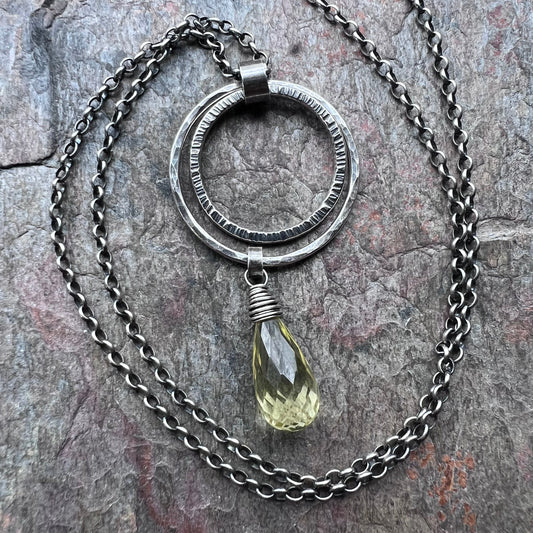 Sterling Silver Lemon Topaz Necklace - Genuine Lemon Topaz and Hammered Rings Pendant on Sterling Silver Chain - Handmade Jewelry