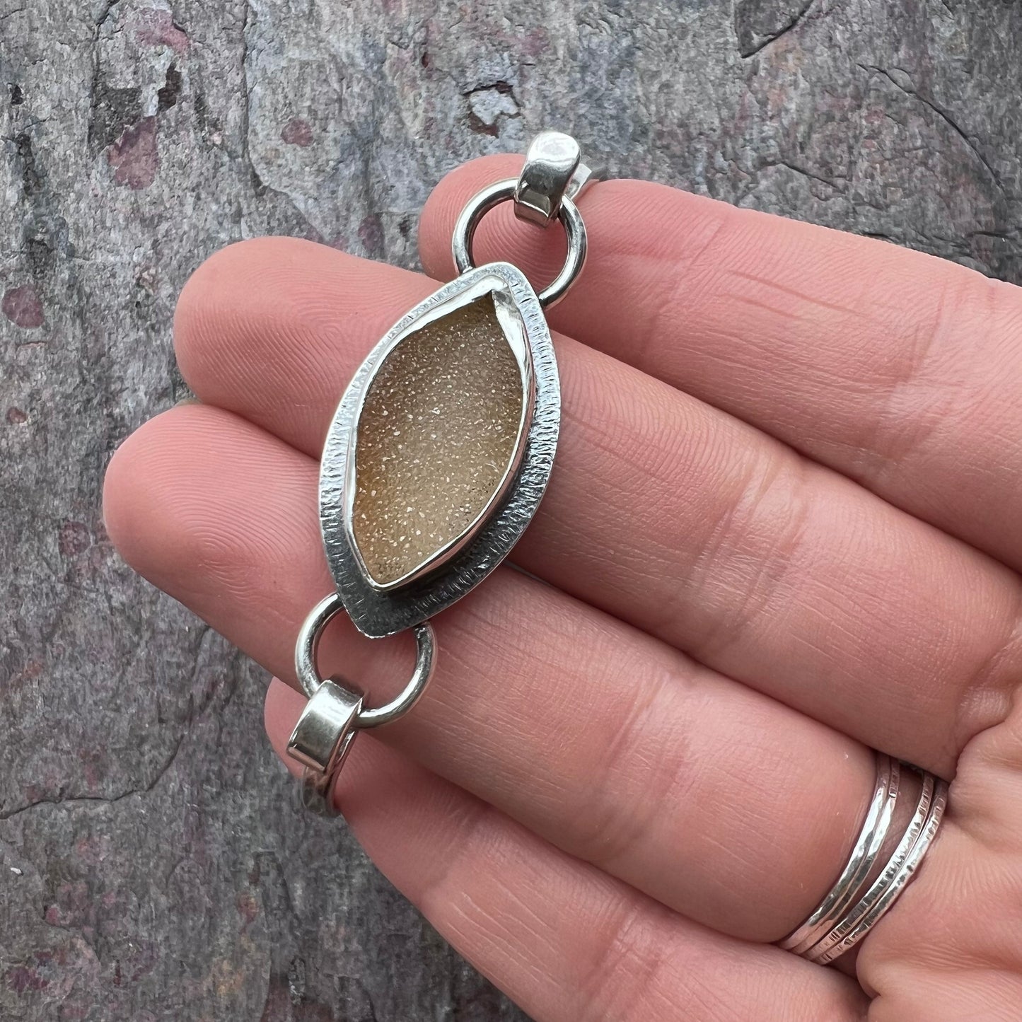 Druzy Sterling Silver Bracelet - One-of-a-kind Agate Druzy Hinged Tension Cuff Bracelet