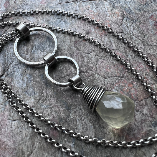 Lemon Quartz and Sterling Silver Necklace - Lemon Quartz and Sterling Silver Rings Pendant on Sterling Silver Chain