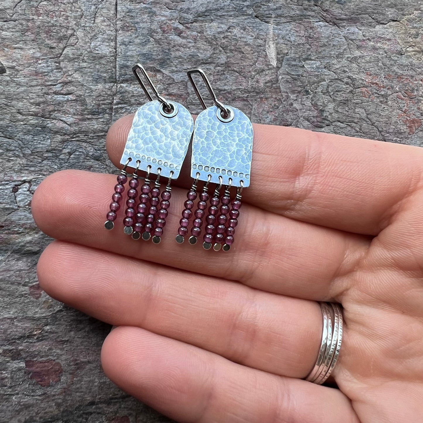 Garnet Sterling Silver Earrings - Genuine Garnet and Hammered Sterling Silver Earrings