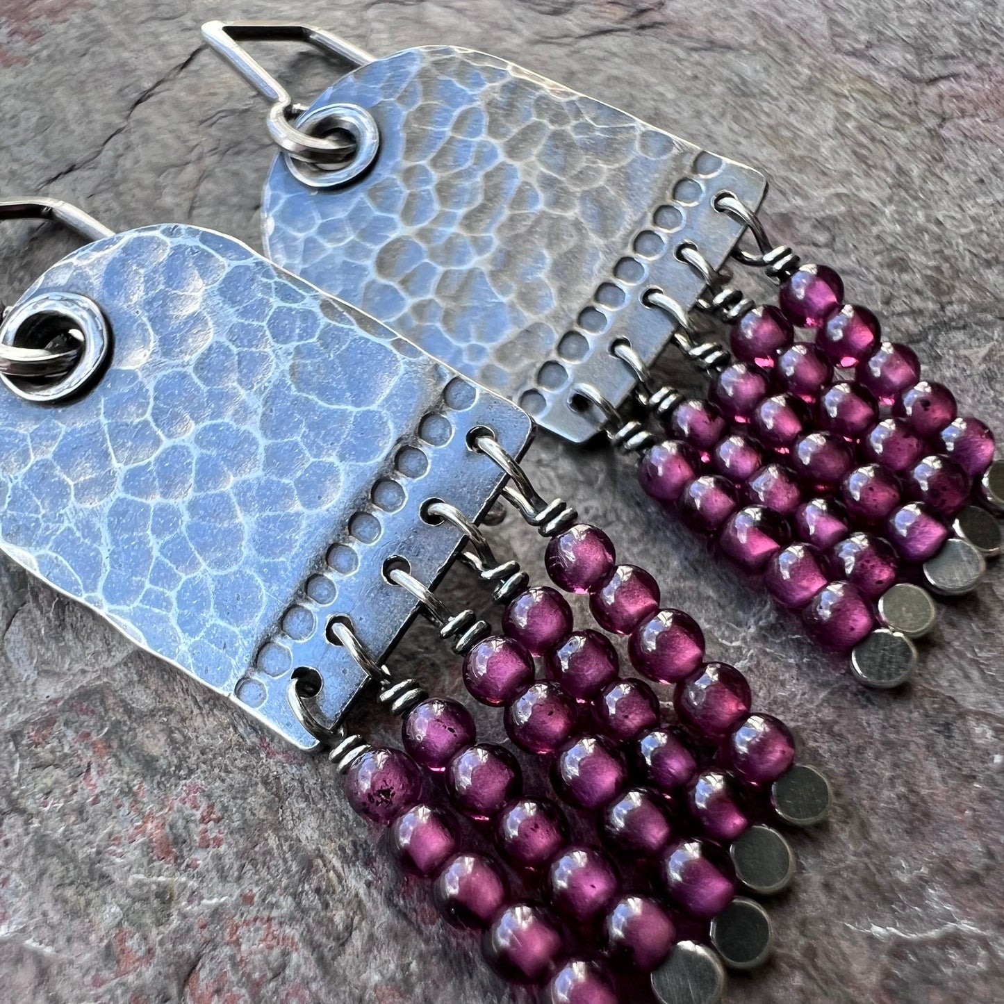 Garnet Sterling Silver Earrings - Genuine Garnet and Hammered Sterling Silver Earrings