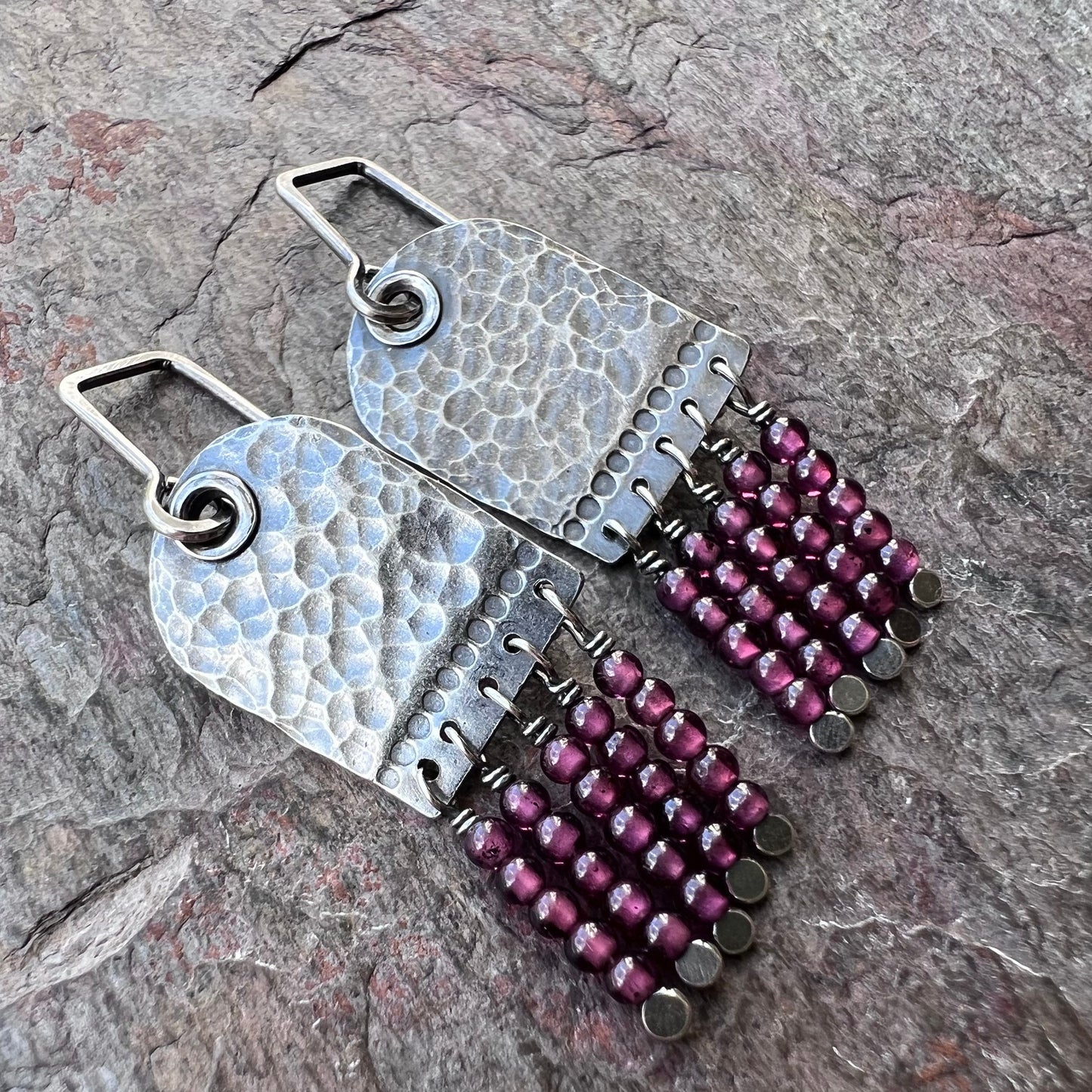 Garnet Sterling Silver Earrings - Genuine Garnet and Hammered Sterling Silver Earrings