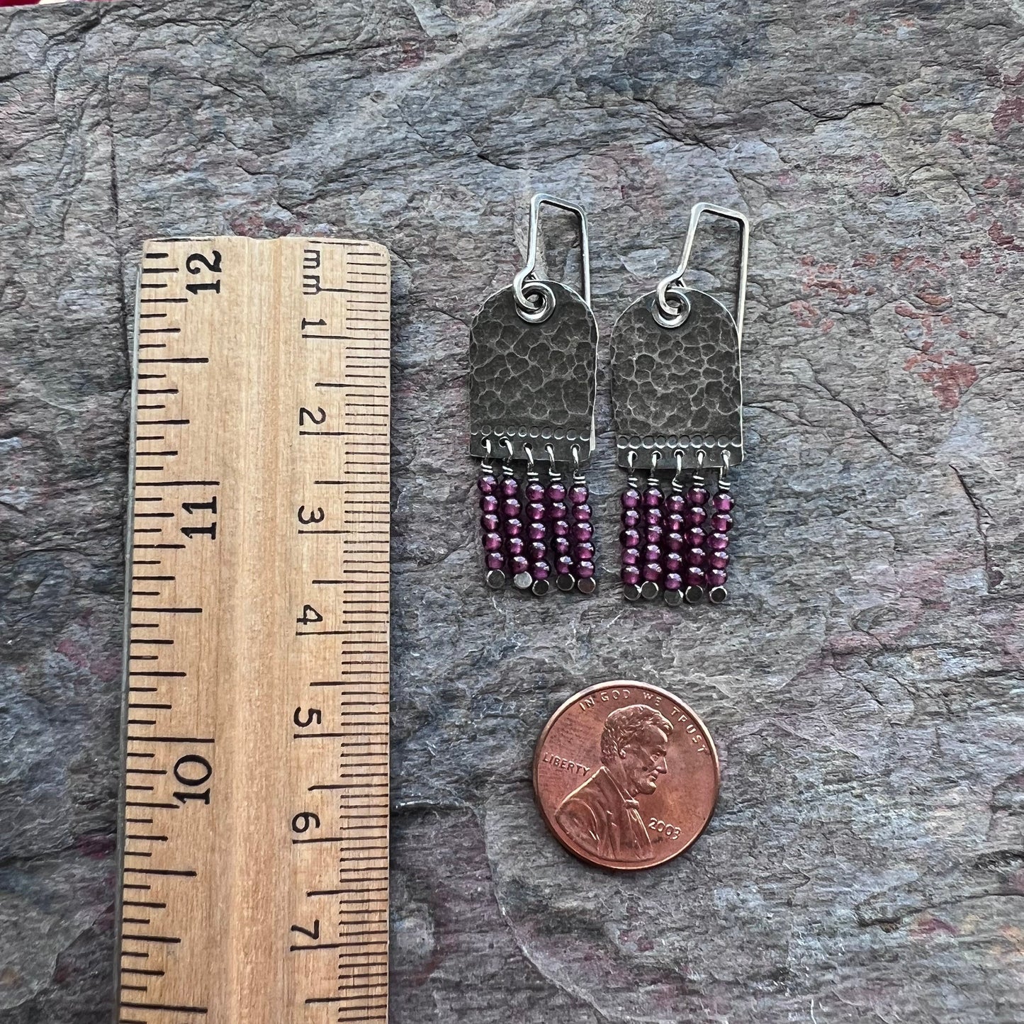Garnet Sterling Silver Earrings - Genuine Garnet and Hammered Sterling Silver Earrings