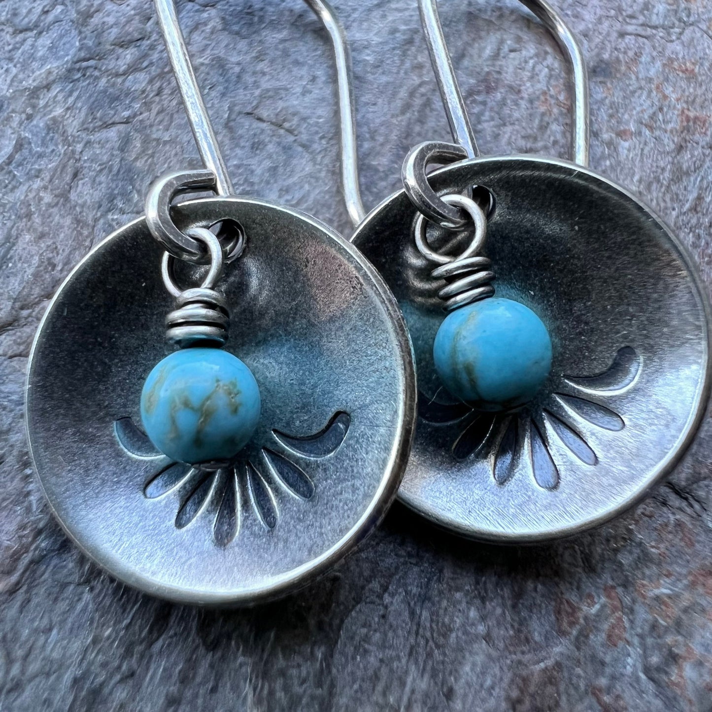 Turquoise Sterling Silver Earrings - Tiny Turquoise Beads in Stamped Sterling Silver Domed Circles