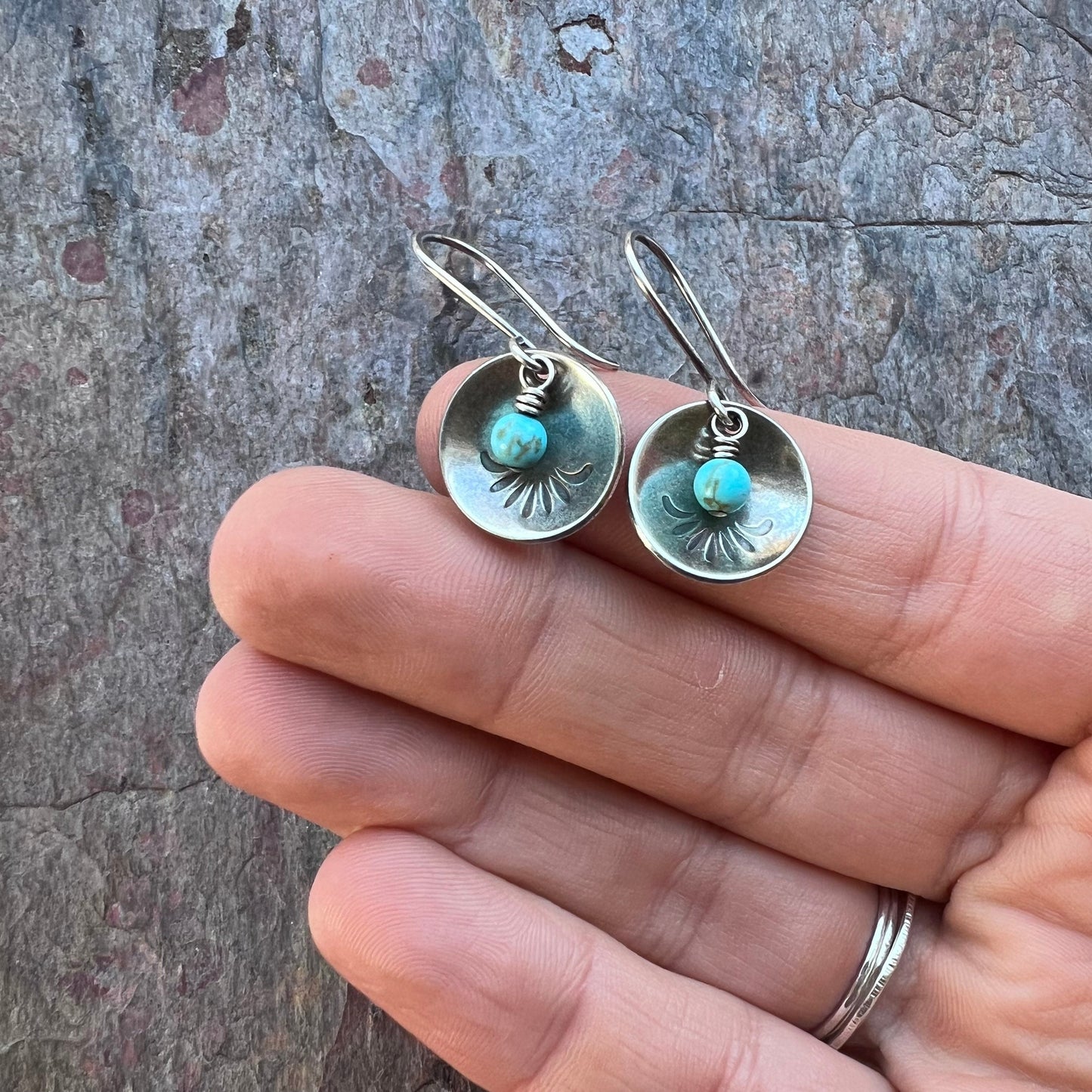 Turquoise Sterling Silver Earrings - Tiny Turquoise Beads in Stamped Sterling Silver Domed Circles