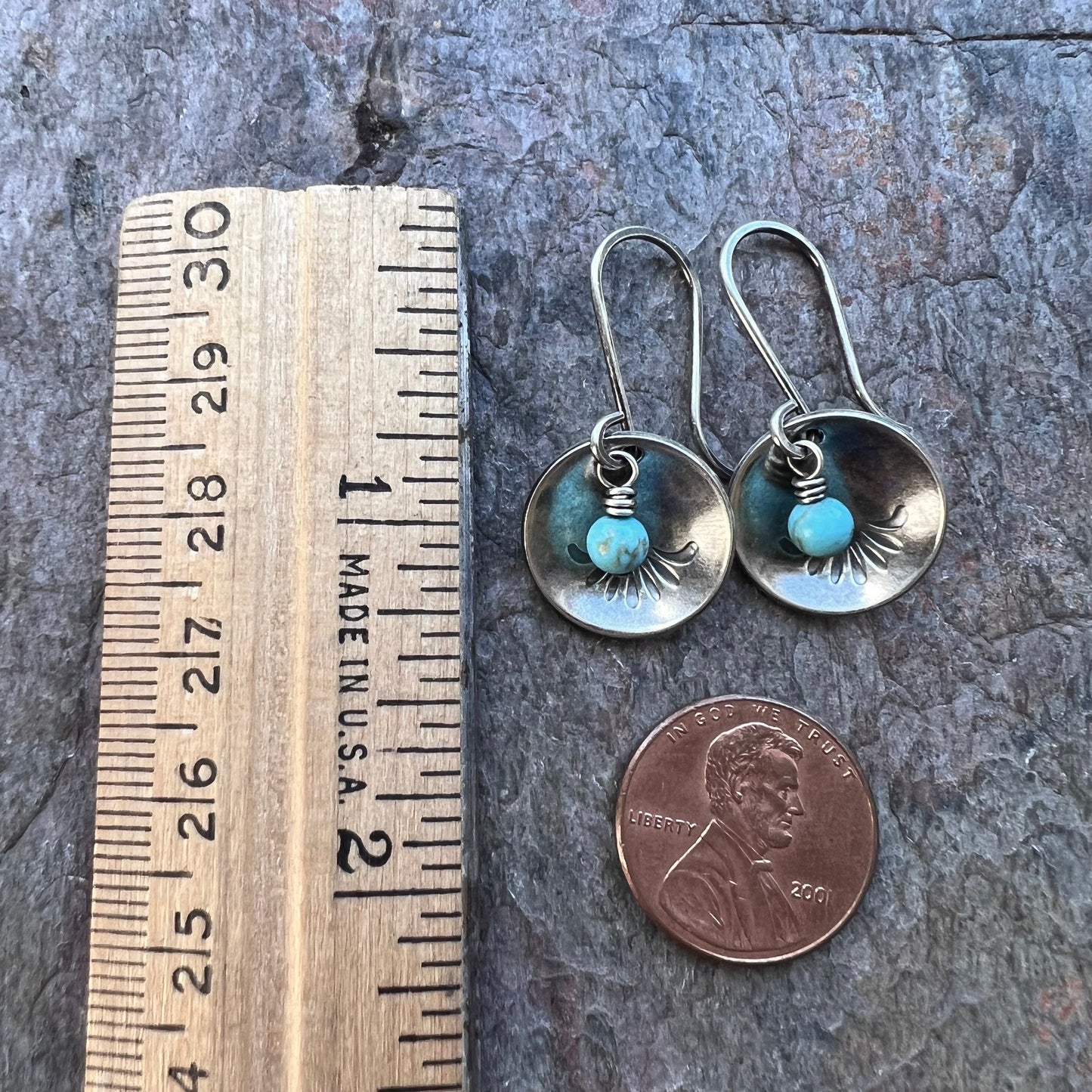 Turquoise Sterling Silver Earrings - Tiny Turquoise Beads in Stamped Sterling Silver Domed Circles