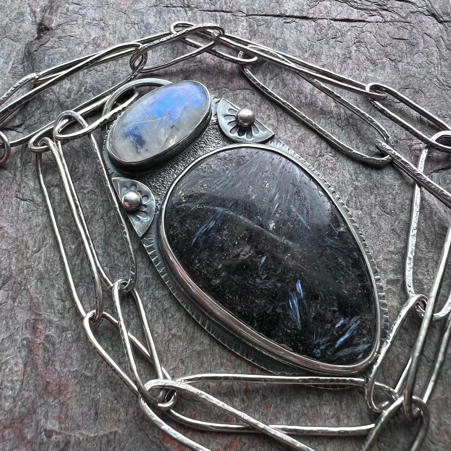 Rainbow Moonstone and Pietersite Sterling Silver Necklace - Handmade One-of-a-kind Pendant on Sterling Silver Chain