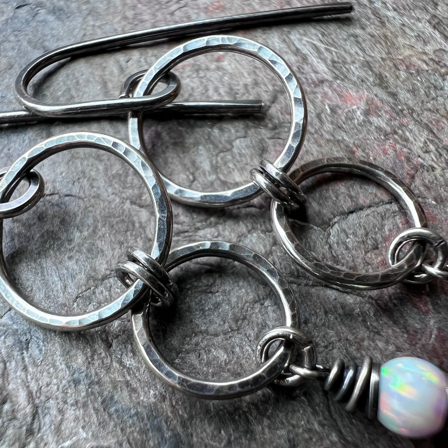 Sterling Silver Opal Earrings - Handmade Hammered Silver Simulated Opal Dangle Earrings