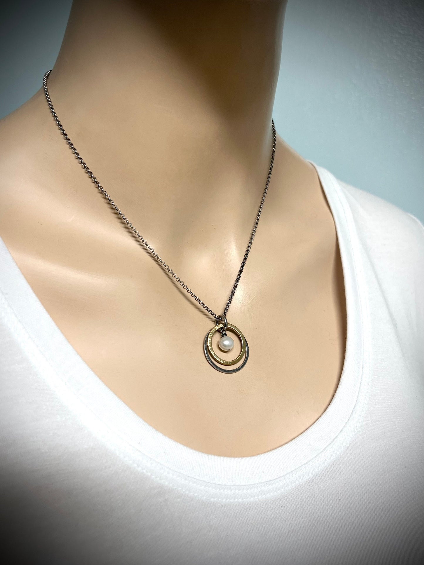 Sterling Silver Mixed Metal Pearl Necklace - Genuine Freshwater Pearl Pendant on Sterling Silver Chain