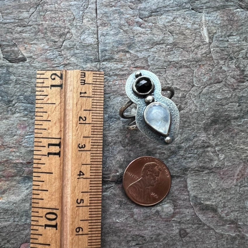 Rainbow Moonstone and Black Spinel Sterling Silver Ring - Handmade One-of-a-kind Ring - Size 8