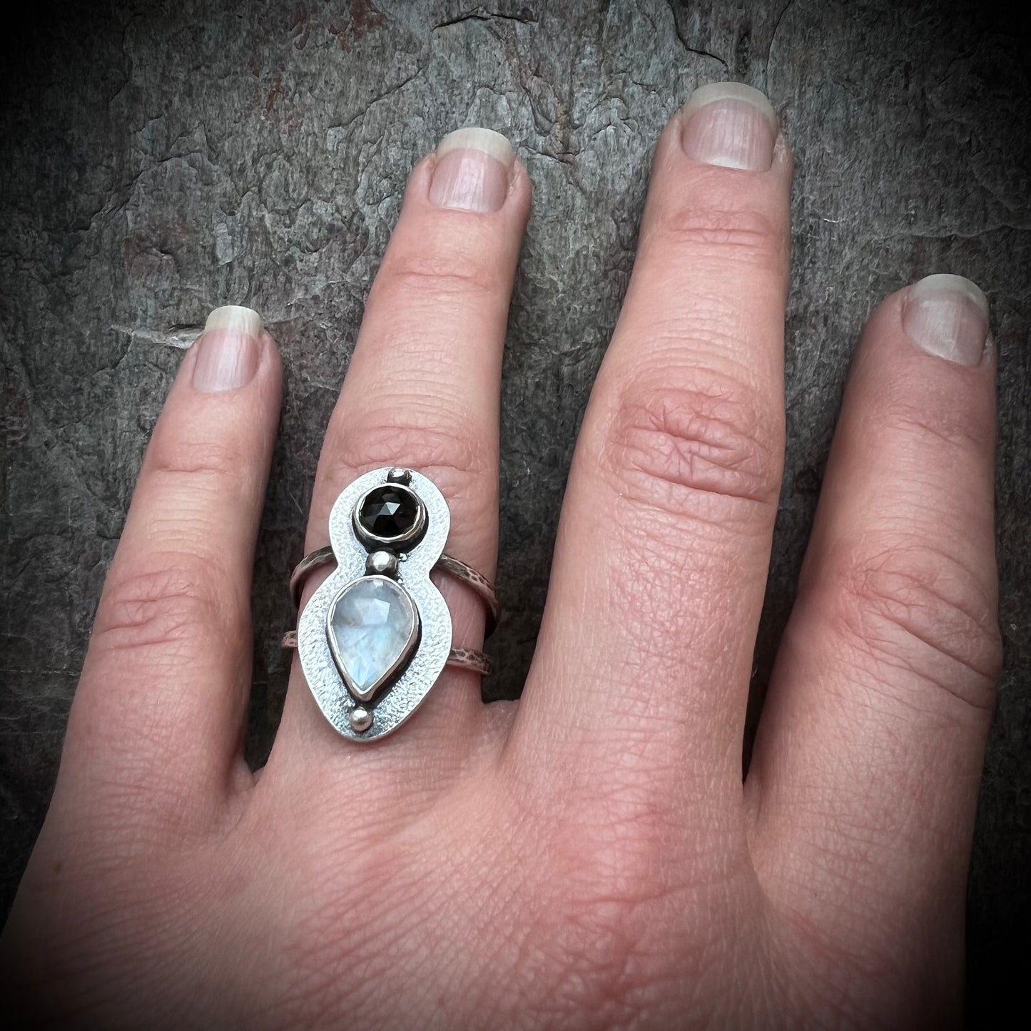 Rainbow Moonstone and Black Spinel Sterling Silver Ring - Handmade One-of-a-kind Ring - Size 8