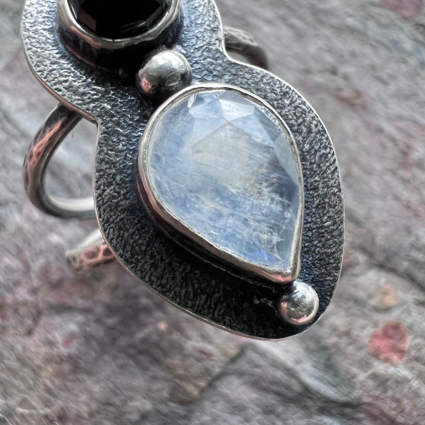 Rainbow Moonstone and Black Spinel Sterling Silver Ring - Handmade One-of-a-kind Ring - Size 8