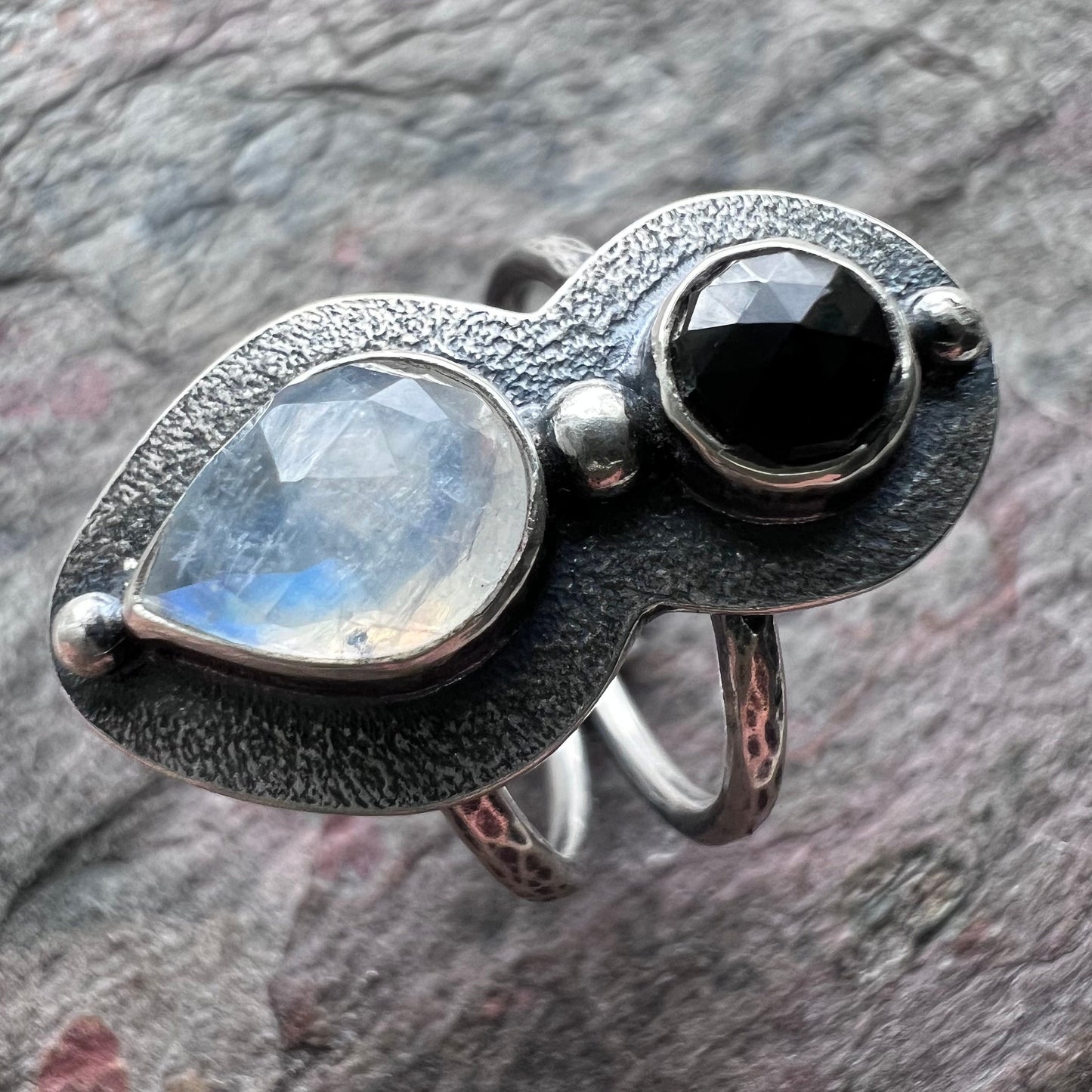 Rainbow Moonstone and Black Spinel Sterling Silver Ring - Handmade One-of-a-kind Ring - Size 8