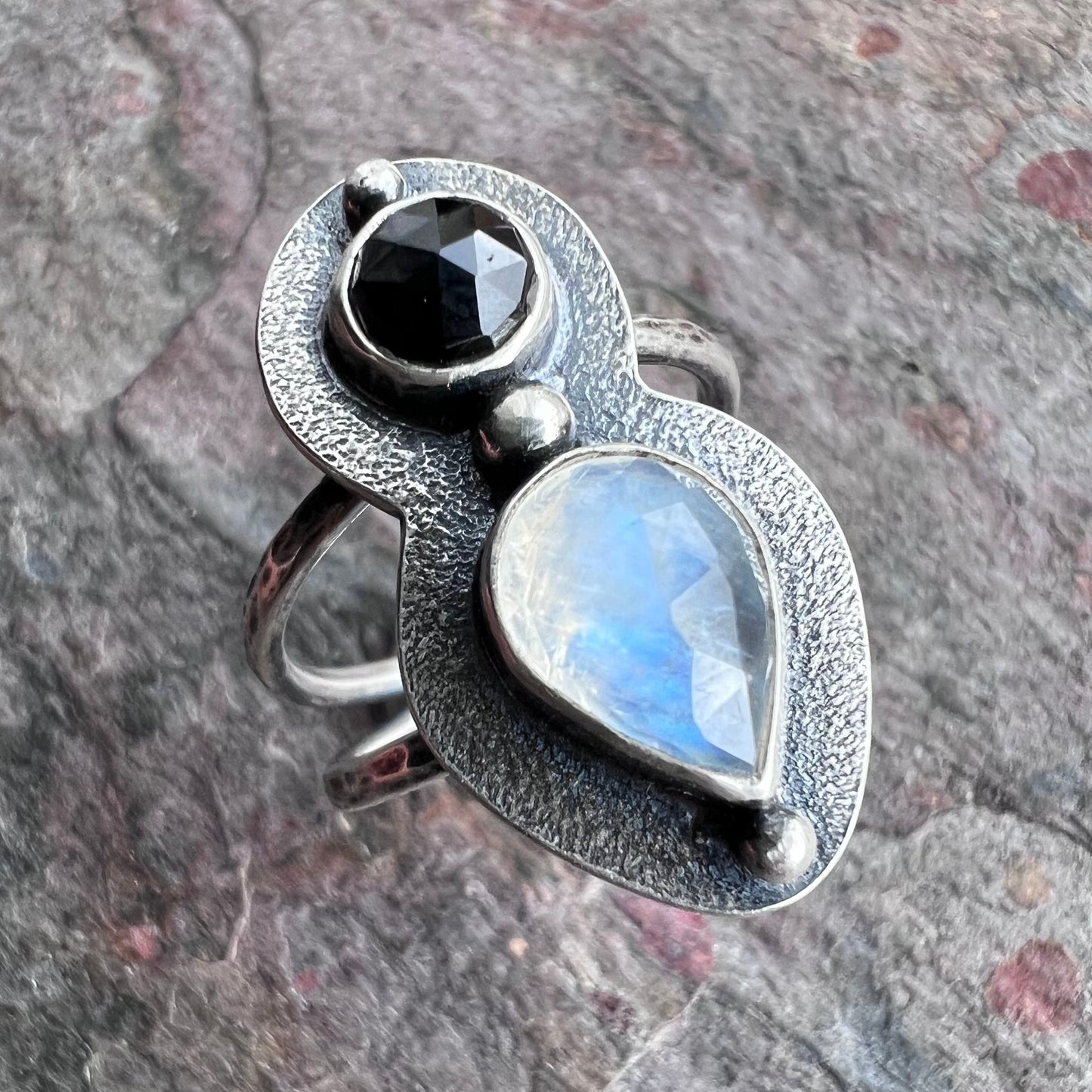Rainbow Moonstone and Black Spinel Sterling Silver Ring - Handmade One-of-a-kind Ring - Size 8