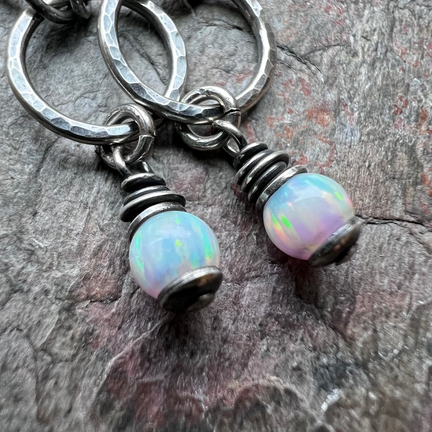 Sterling Silver Opal Earrings - Handmade Hammered Silver Simulated Opal Dangle Earrings