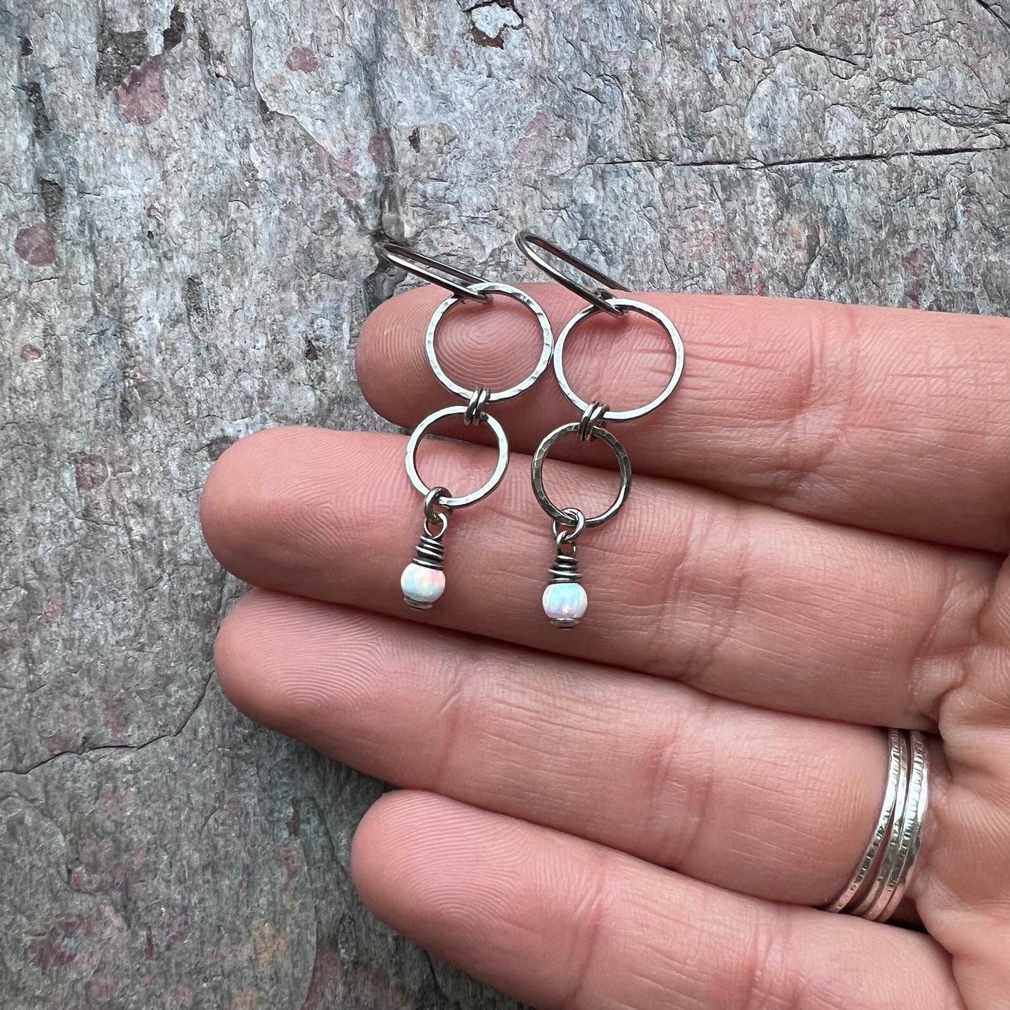Sterling Silver Opal Earrings - Handmade Hammered Silver Simulated Opal Dangle Earrings