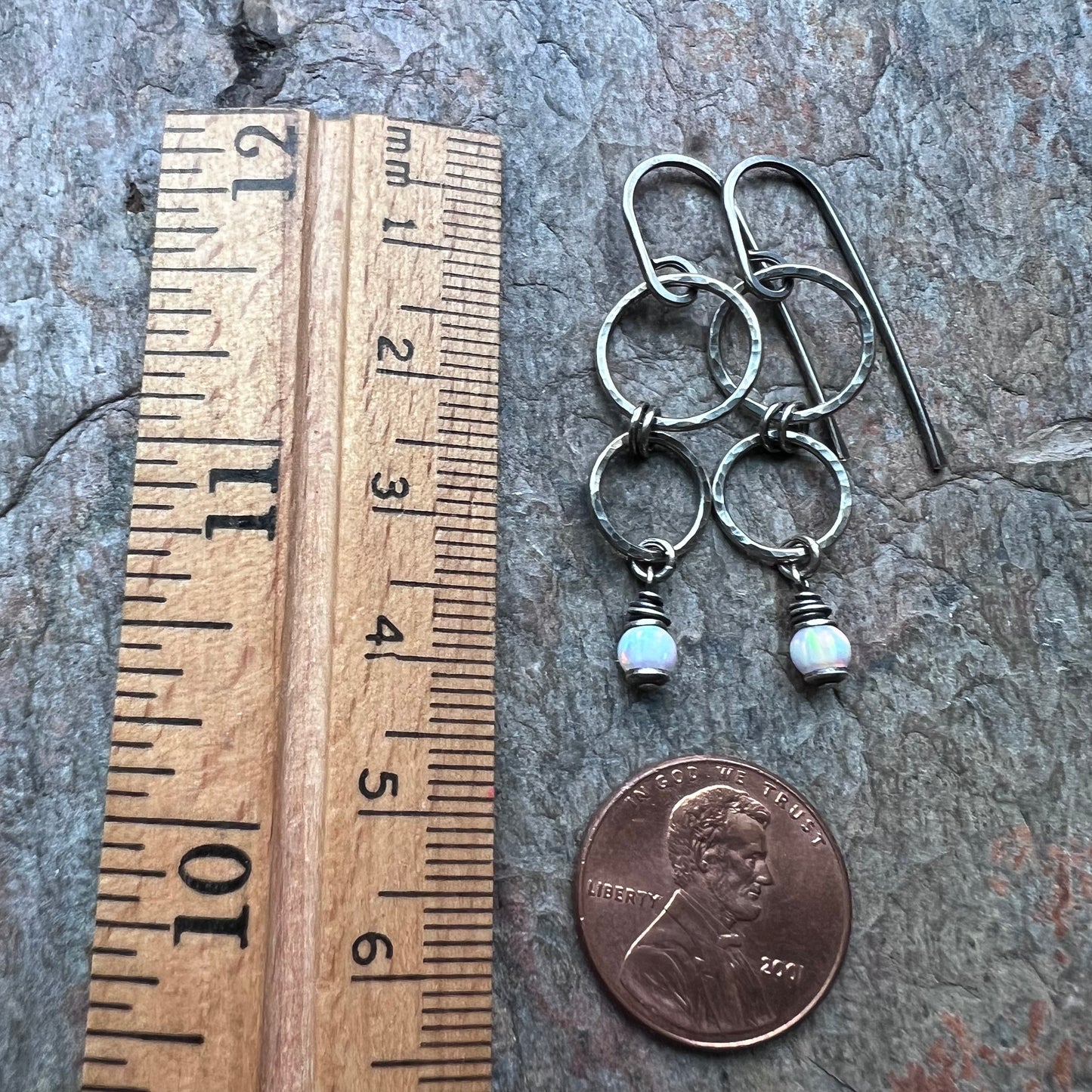 Sterling Silver Opal Earrings - Handmade Hammered Silver Simulated Opal Dangle Earrings