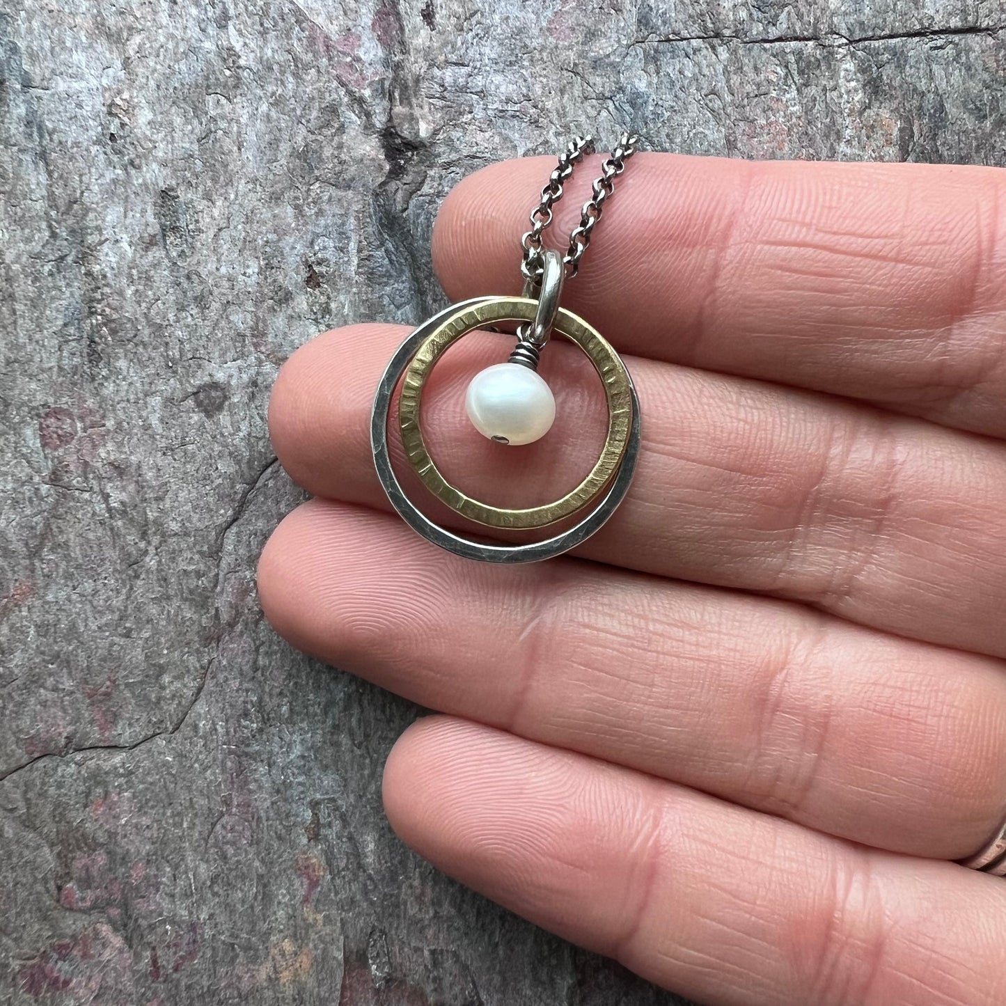 Sterling Silver Mixed Metal Pearl Necklace - Genuine Freshwater Pearl Pendant on Sterling Silver Chain