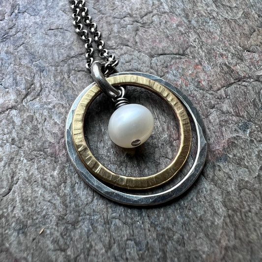 Sterling Silver Mixed Metal Pearl Necklace | Genuine Freshwater Pearl Pendant