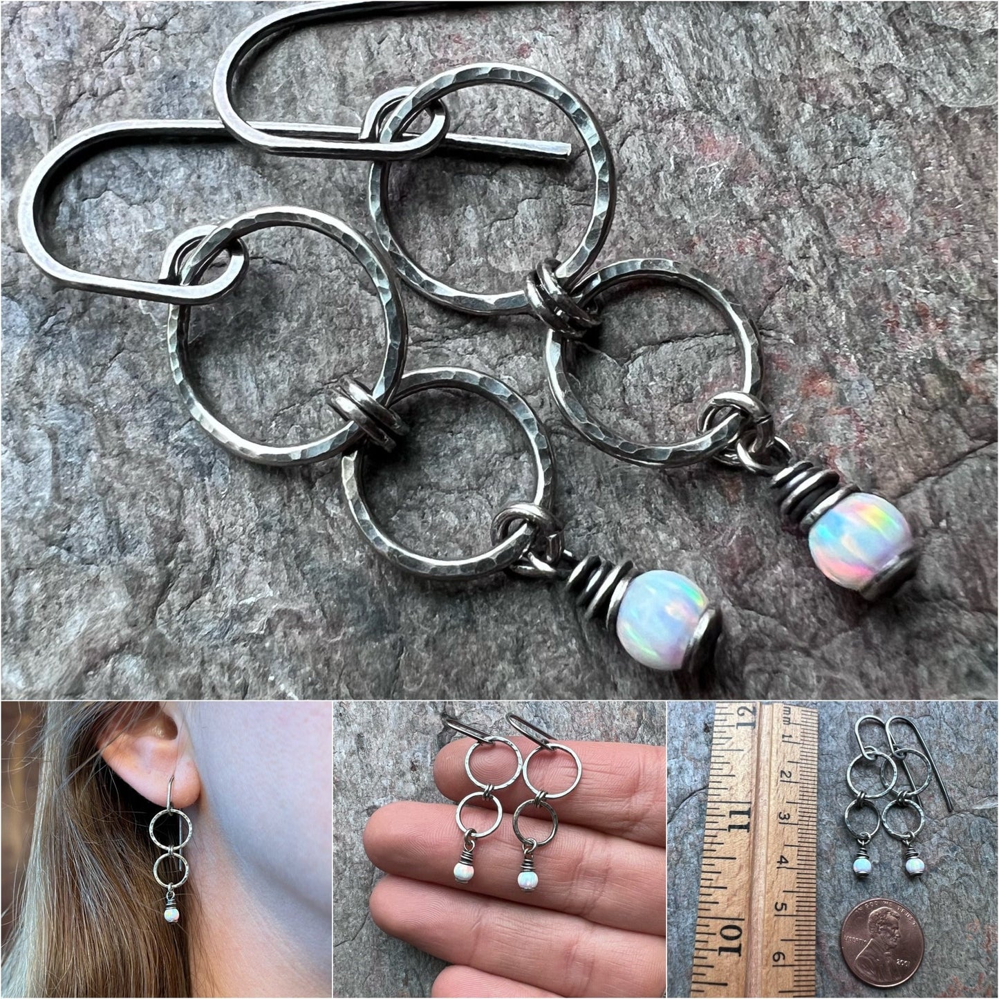 Sterling Silver Opal Earrings - Handmade Hammered Silver Simulated Opal Dangle Earrings