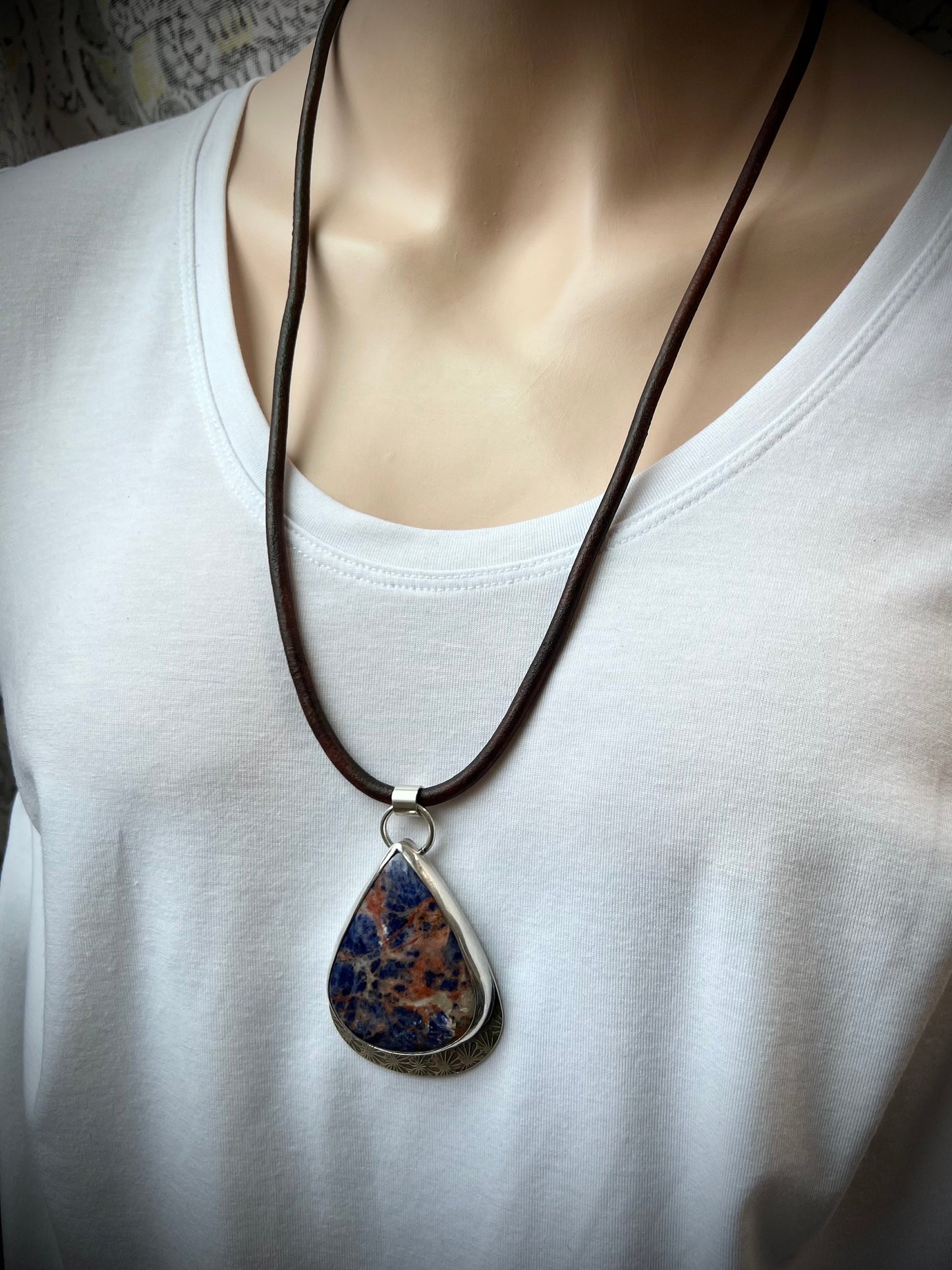 Large Sodalite and Sterling Silver Pendant Necklace - Handmade One-of-a-Kind Teardrop Pendant on Genuine Leather