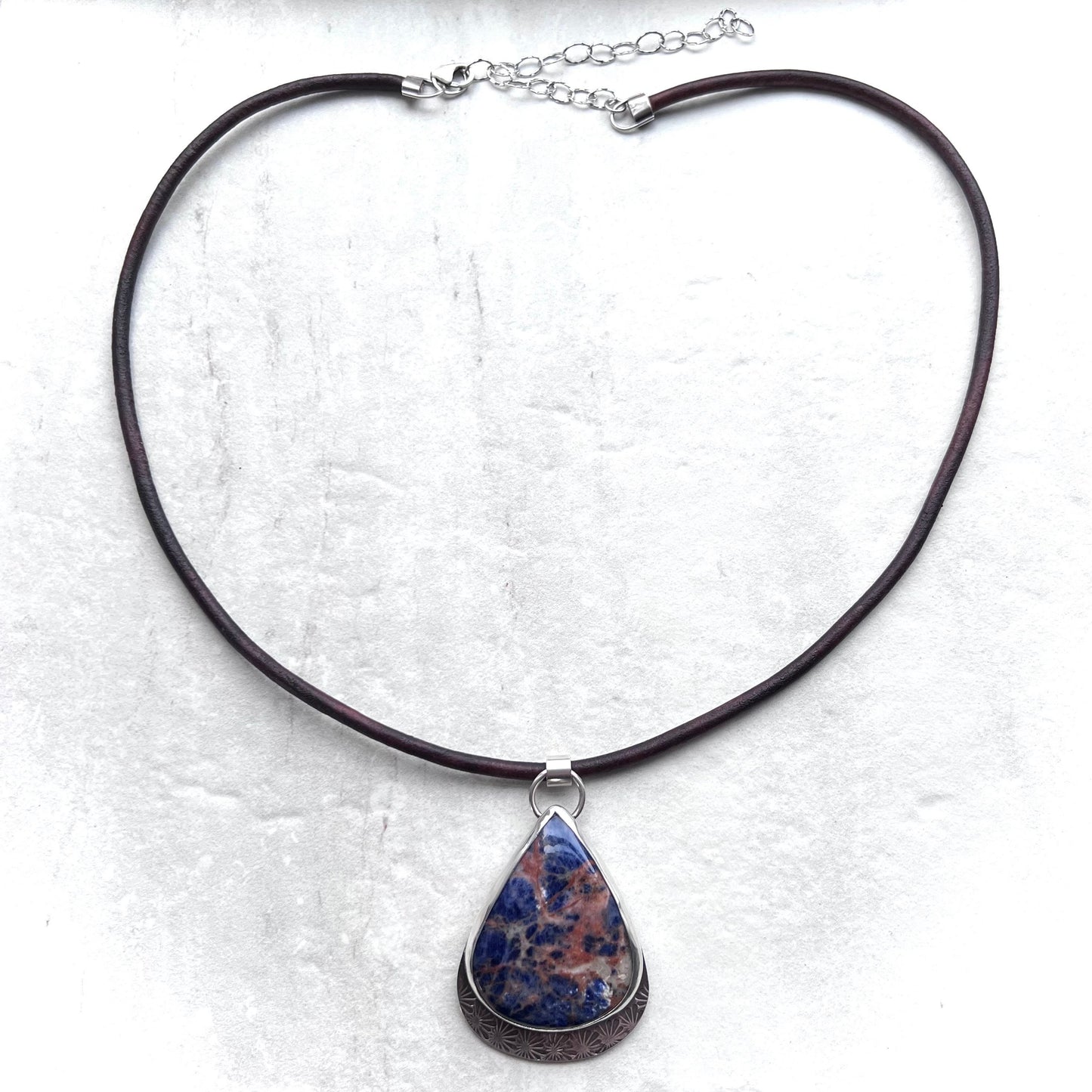 Large Sodalite and Sterling Silver Pendant Necklace - Handmade One-of-a-Kind Teardrop Pendant on Genuine Leather