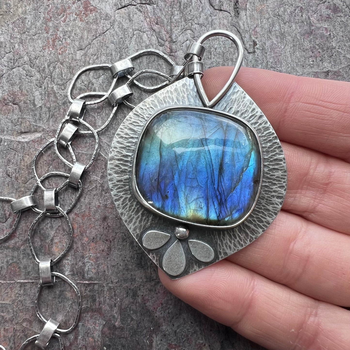 Labradorite Sterling Silver Necklace - Large Handmade One-of-a-kind Pendant on Sterling Silver Chain