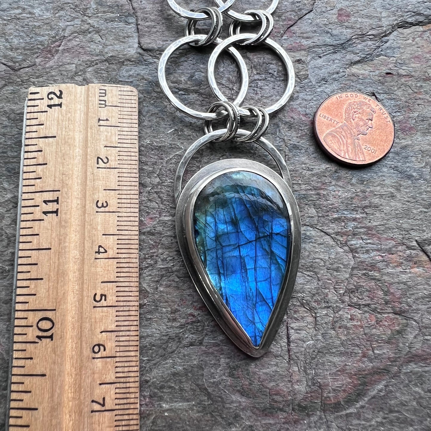 Labradorite Sterling Silver Necklace - Handmade One-of-a-kind Pendant on Hammered Ring Chain