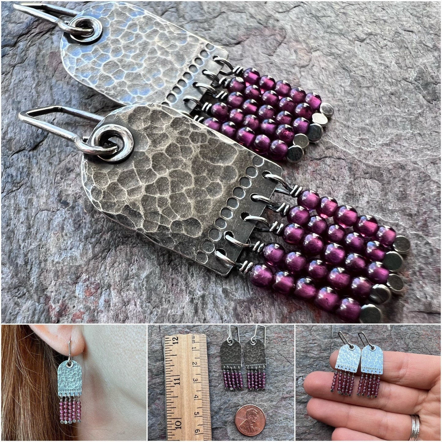 Garnet Sterling Silver Earrings - Genuine Garnet and Hammered Sterling Silver Earrings