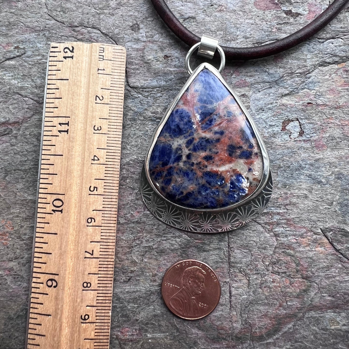 Large Sodalite and Sterling Silver Pendant Necklace - Handmade One-of-a-Kind Teardrop Pendant on Genuine Leather