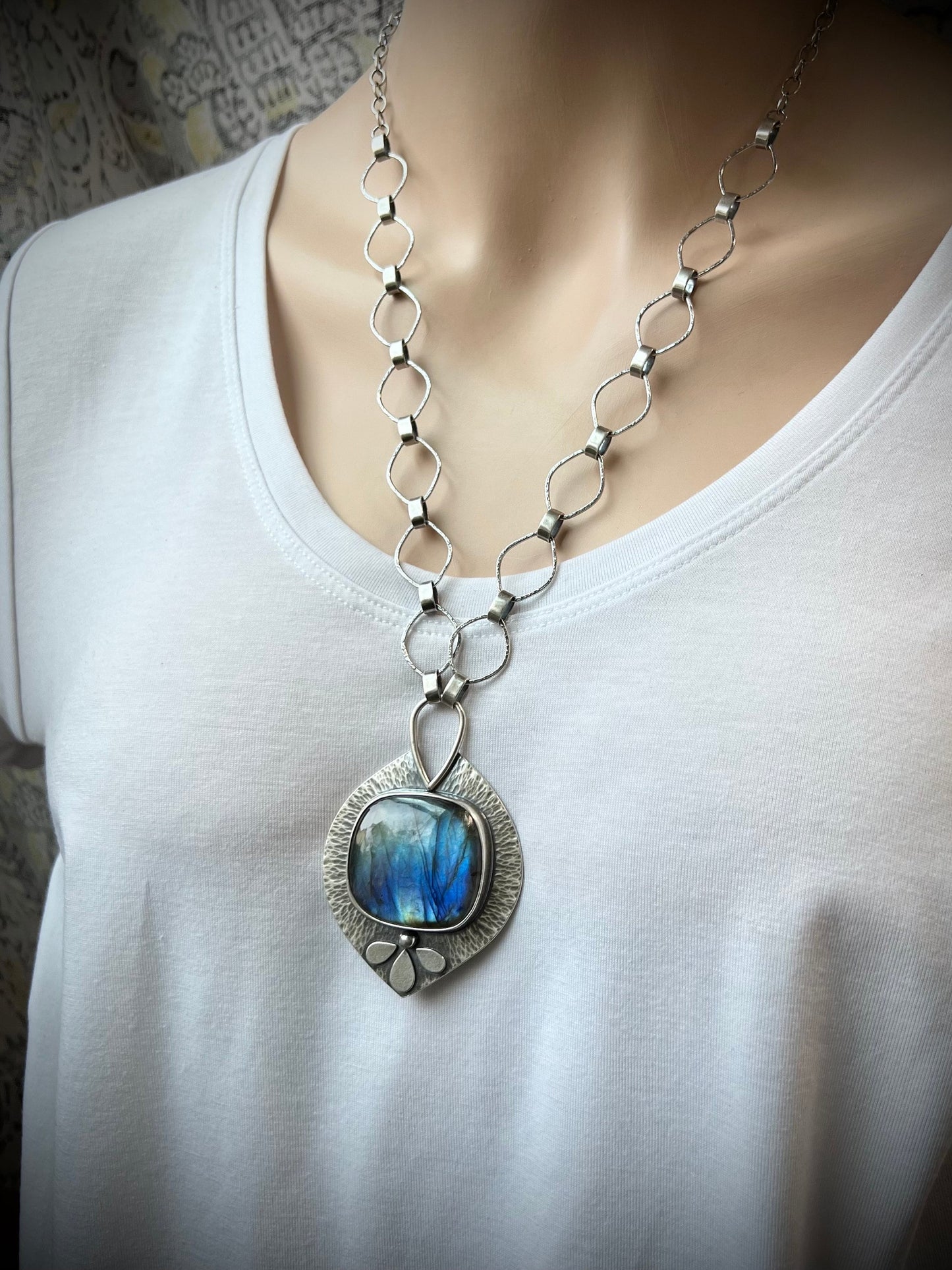 Labradorite Sterling Silver Necklace - Large Handmade One-of-a-kind Pendant on Sterling Silver Chain