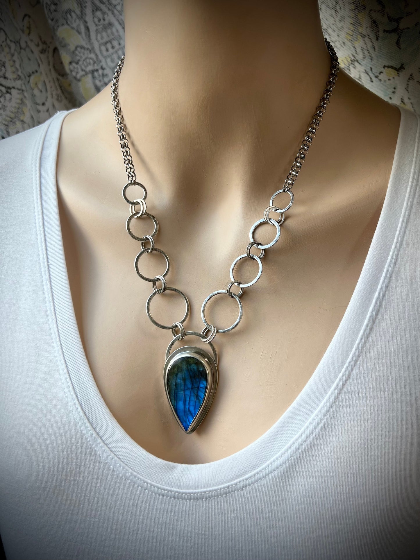Labradorite Sterling Silver Necklace - Handmade One-of-a-kind Pendant on Hammered Ring Chain