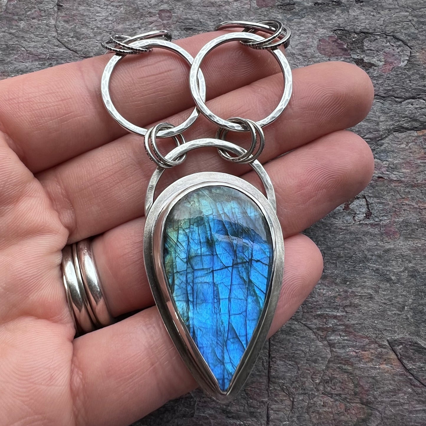 Labradorite Sterling Silver Necklace - Handmade One-of-a-kind Pendant on Hammered Ring Chain